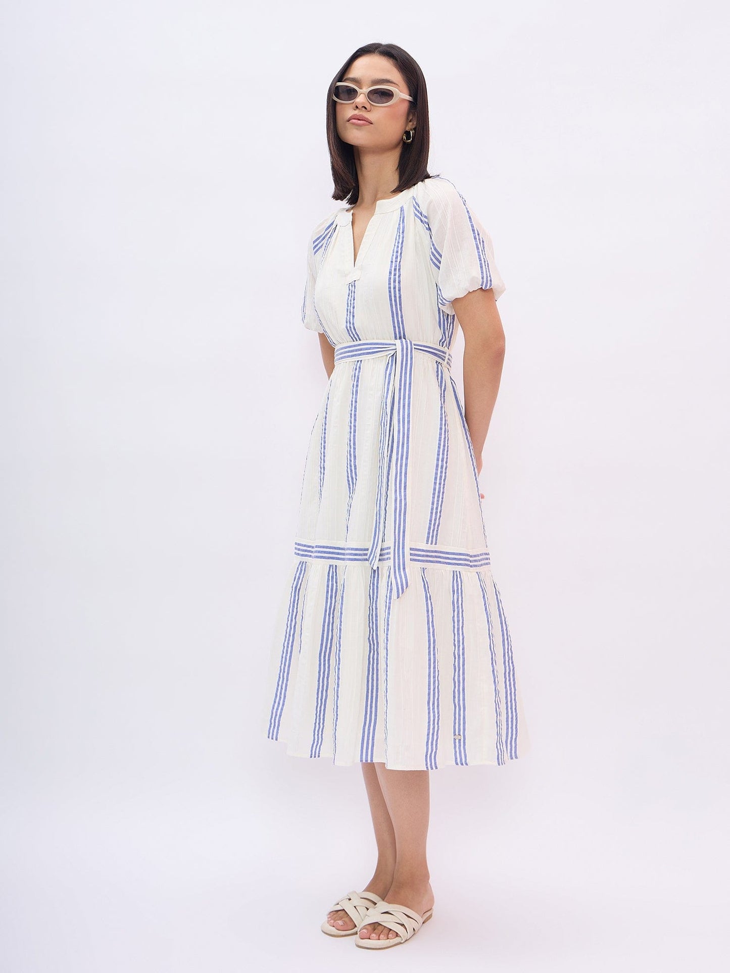 Elle Women White Striped V Neck Dress