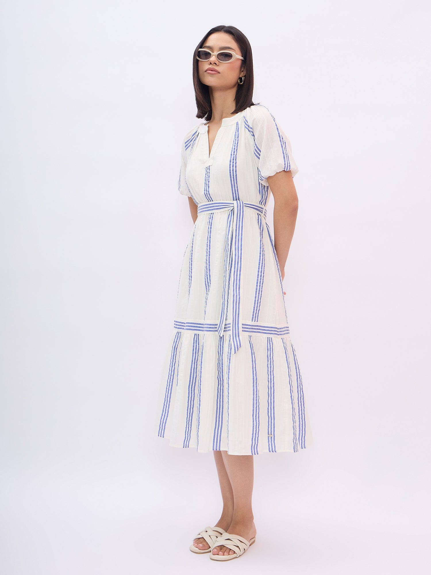 Elle Women White Striped V Neck Dress