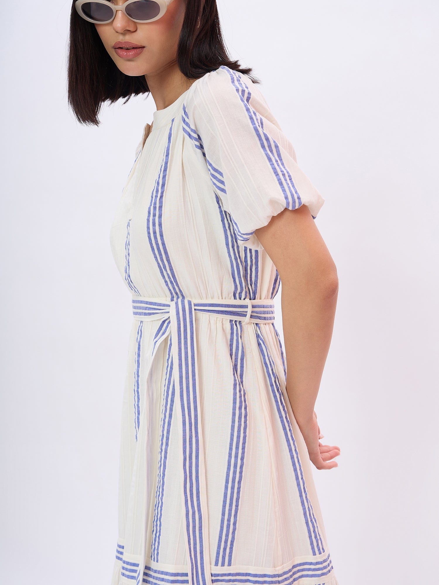 Elle Women White Striped V Neck Dress