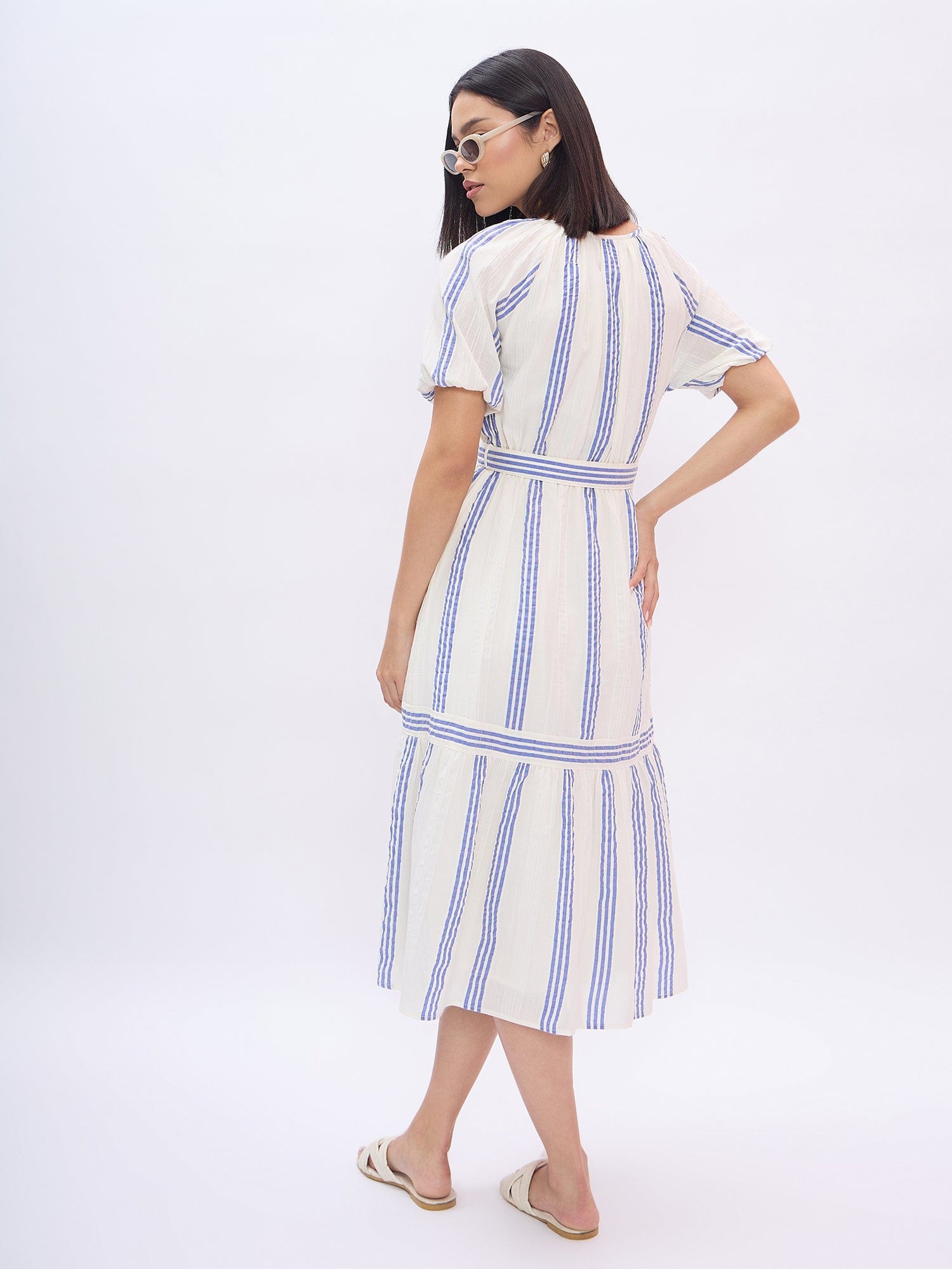 Elle Women White Striped V Neck Dress