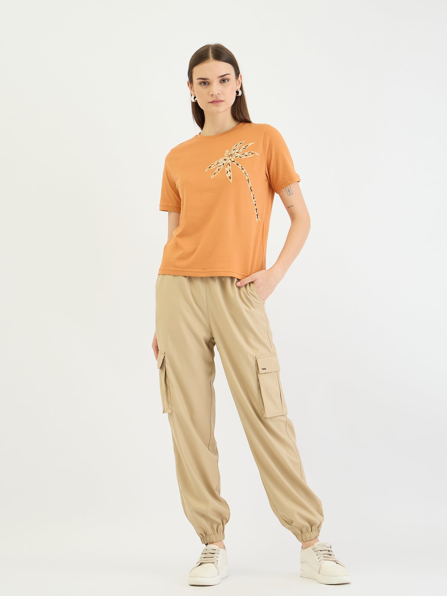 Elle Women Beige Cargo Fit Solid Jogger