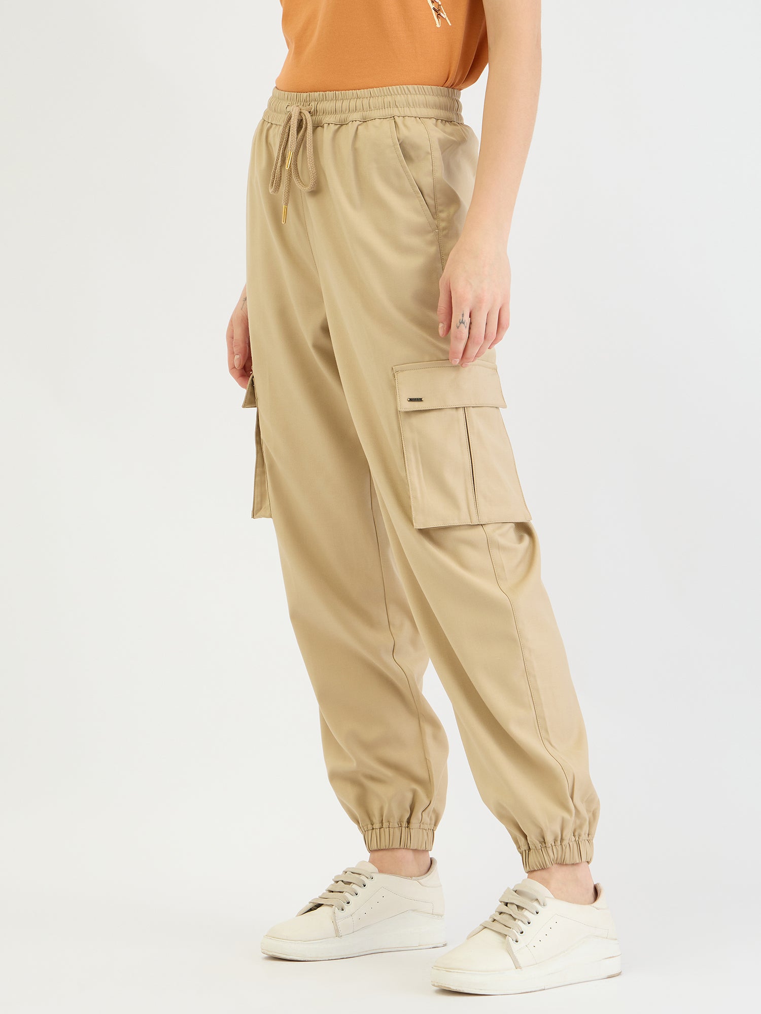Elle Women Beige Cargo Fit Solid Jogger