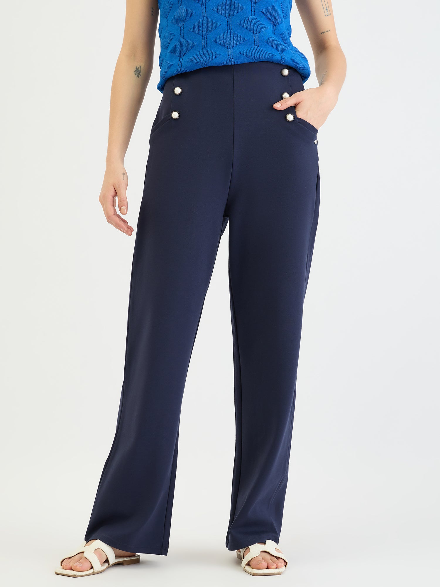 Elle Women Blue Straight Fit Knitted Trouser