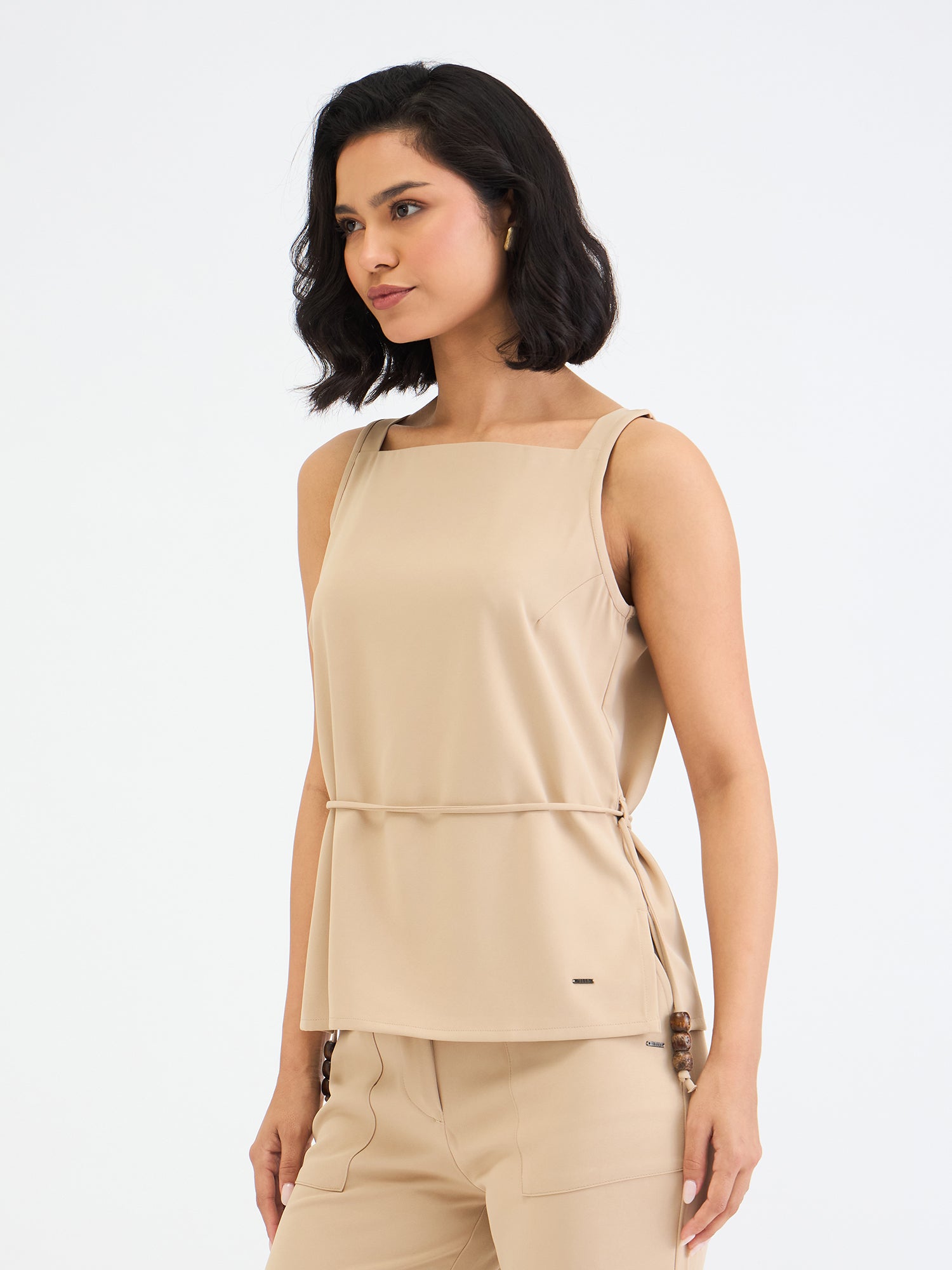 Elle Women Beige Solid Square Neck Top