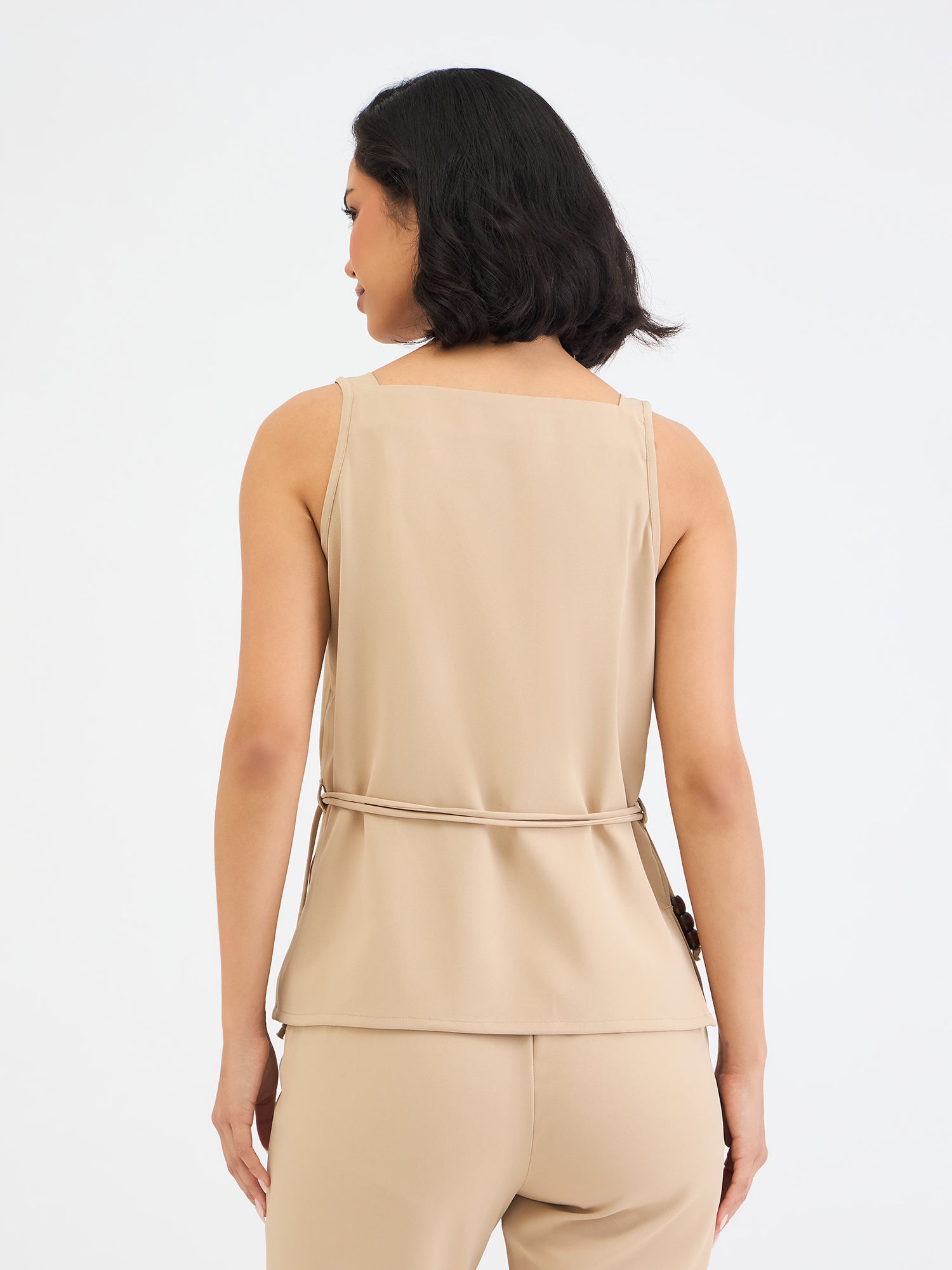 Elle Women Beige Solid Square Neck Top