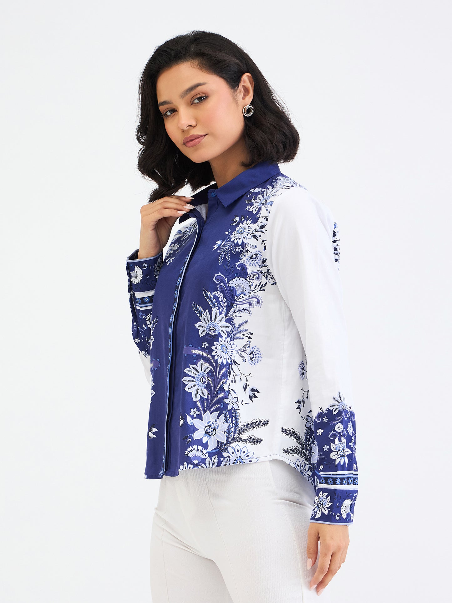 Elle Women Blue Printed Collar Shirt