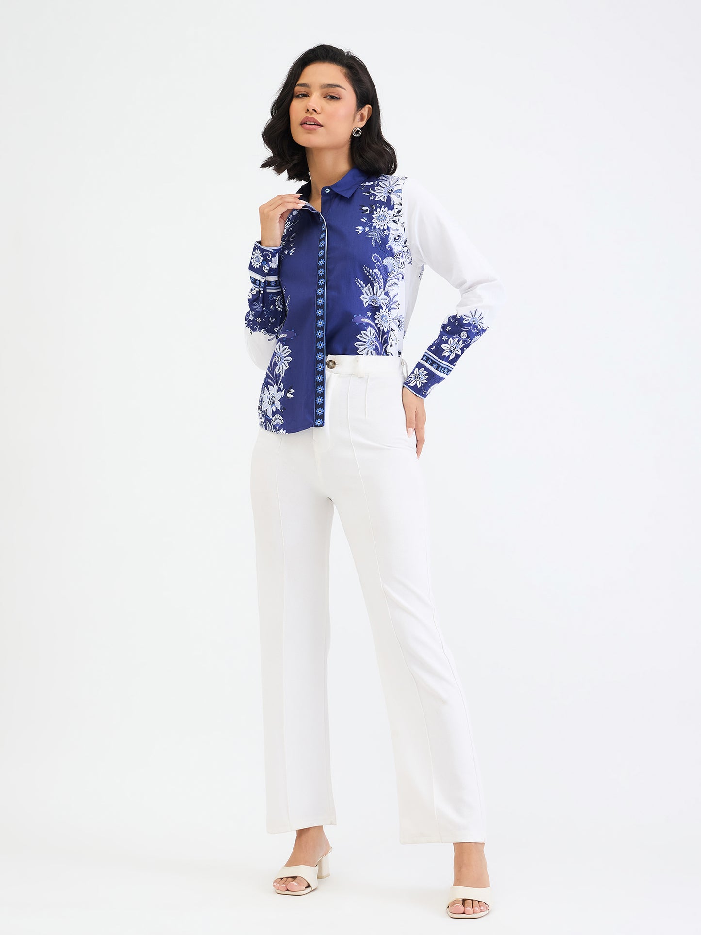 Elle Women Blue Printed Collar Shirt