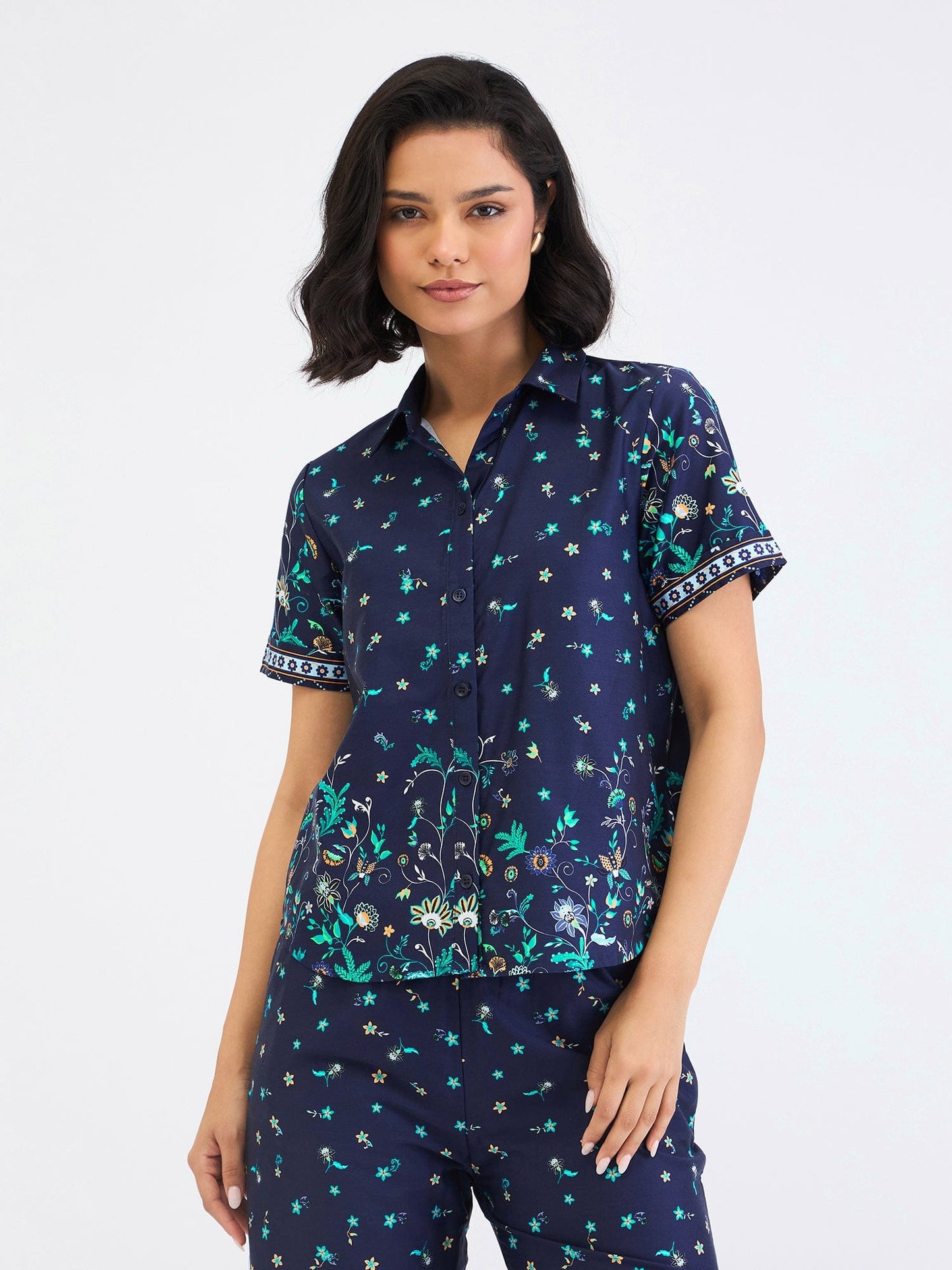 Elle Women Blue Printed Collar Shirt