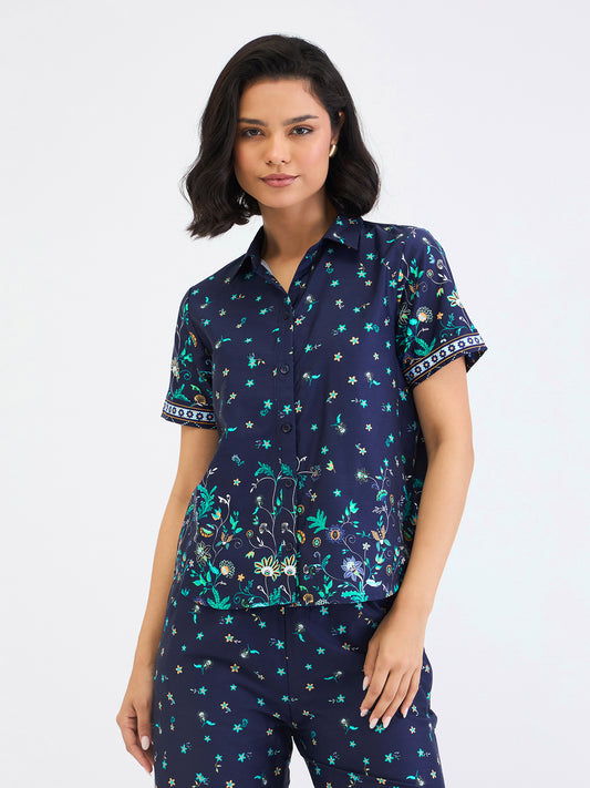 Elle Women Blue Printed Collar Shirt