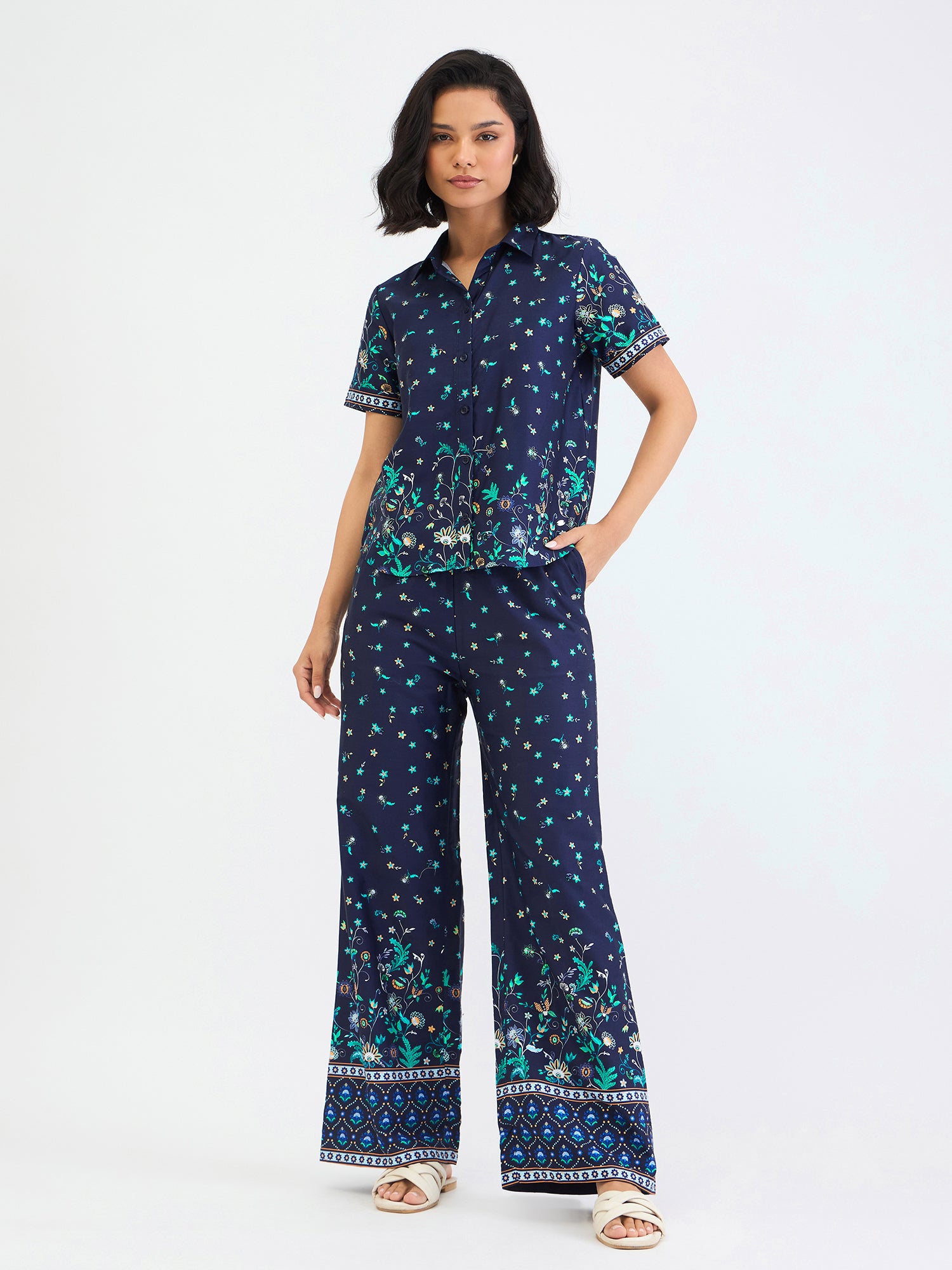 Elle Women Blue Printed Collar Shirt