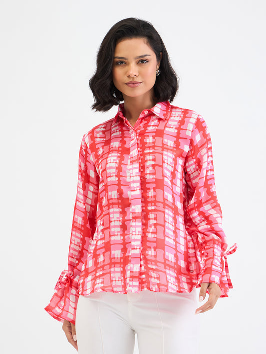 Elle Women Red Printed Collar Shirt