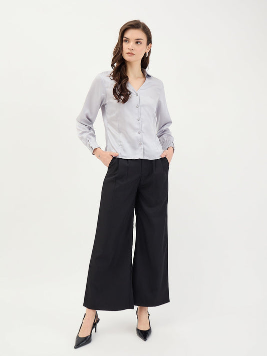 Elle Women Grey Solid V Neck Shirt