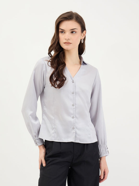 Elle Women Grey Solid V Neck Shirt