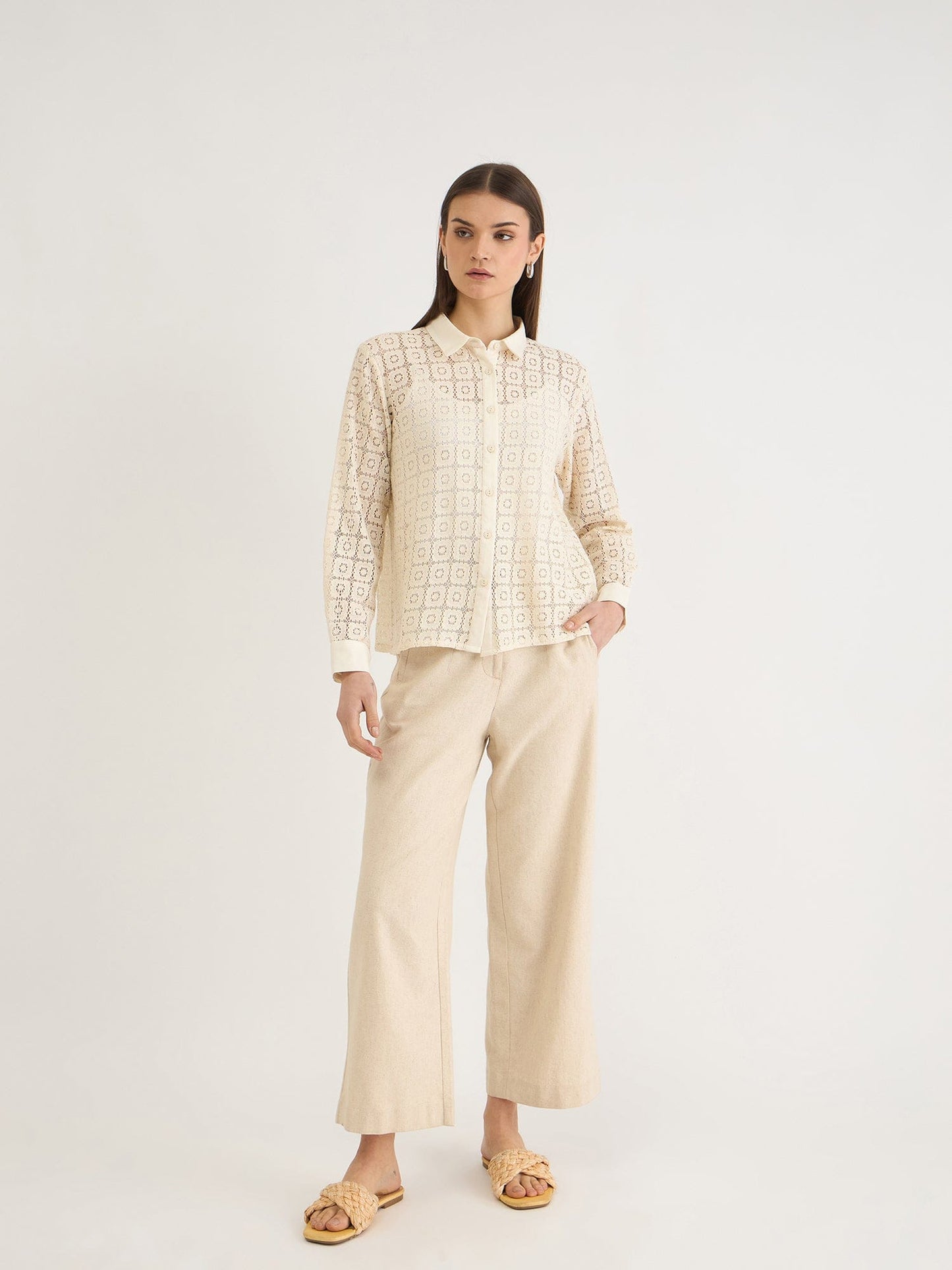 Elle Women Beige Textured Collar Shirt
