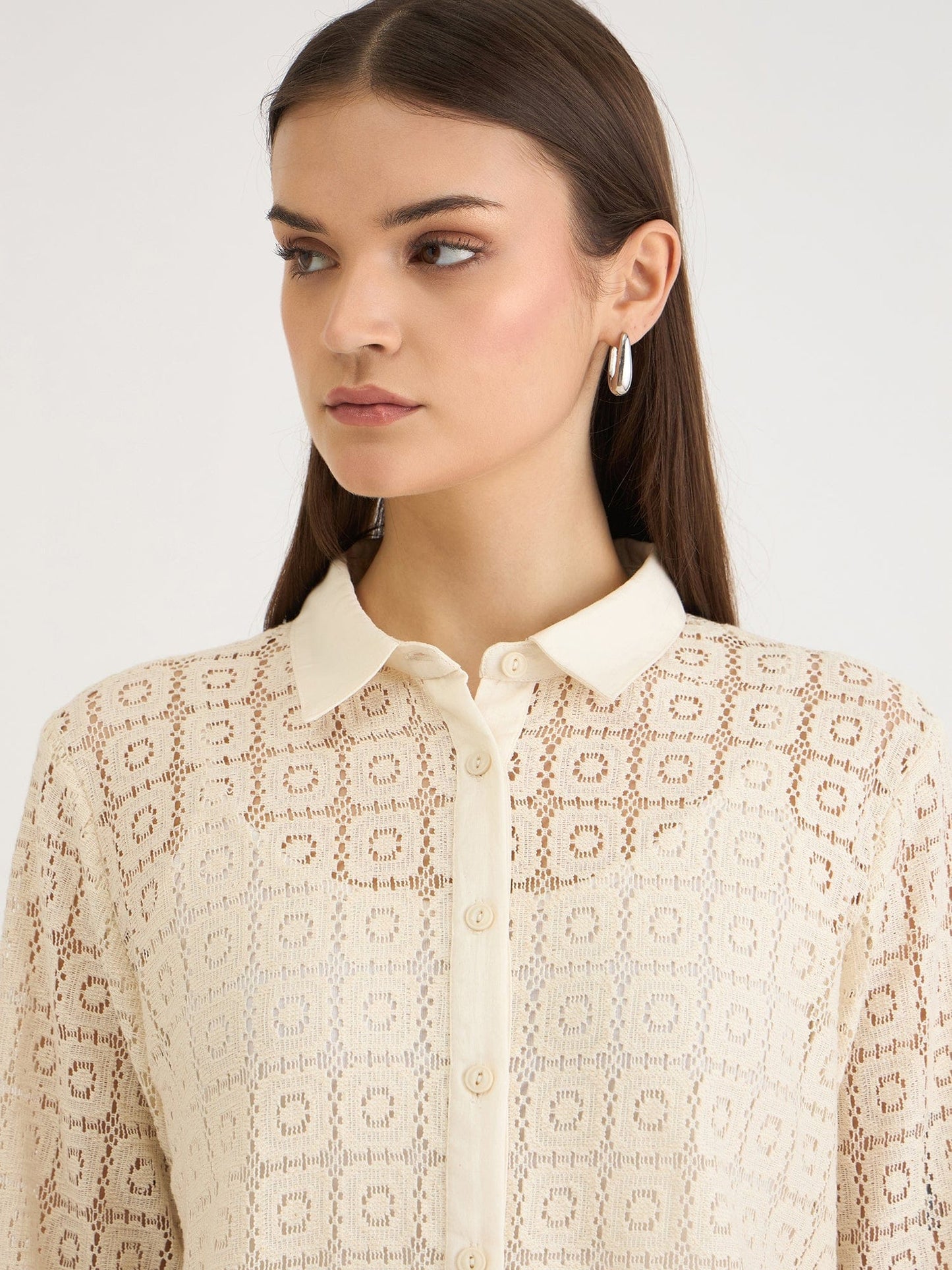 Elle Women Beige Textured Collar Shirt