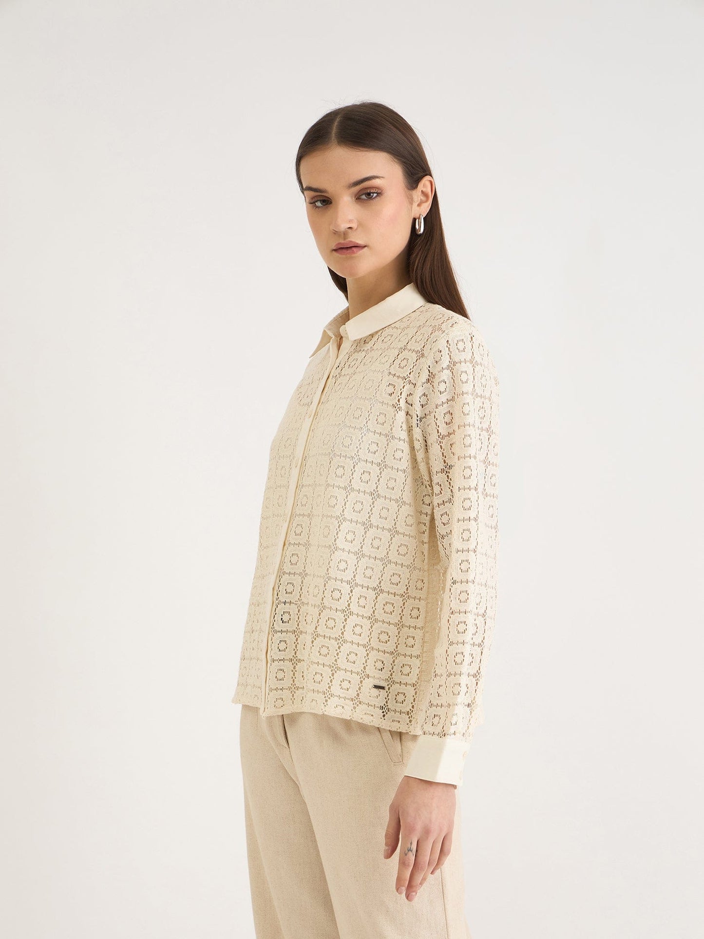 Elle Women Beige Textured Collar Shirt