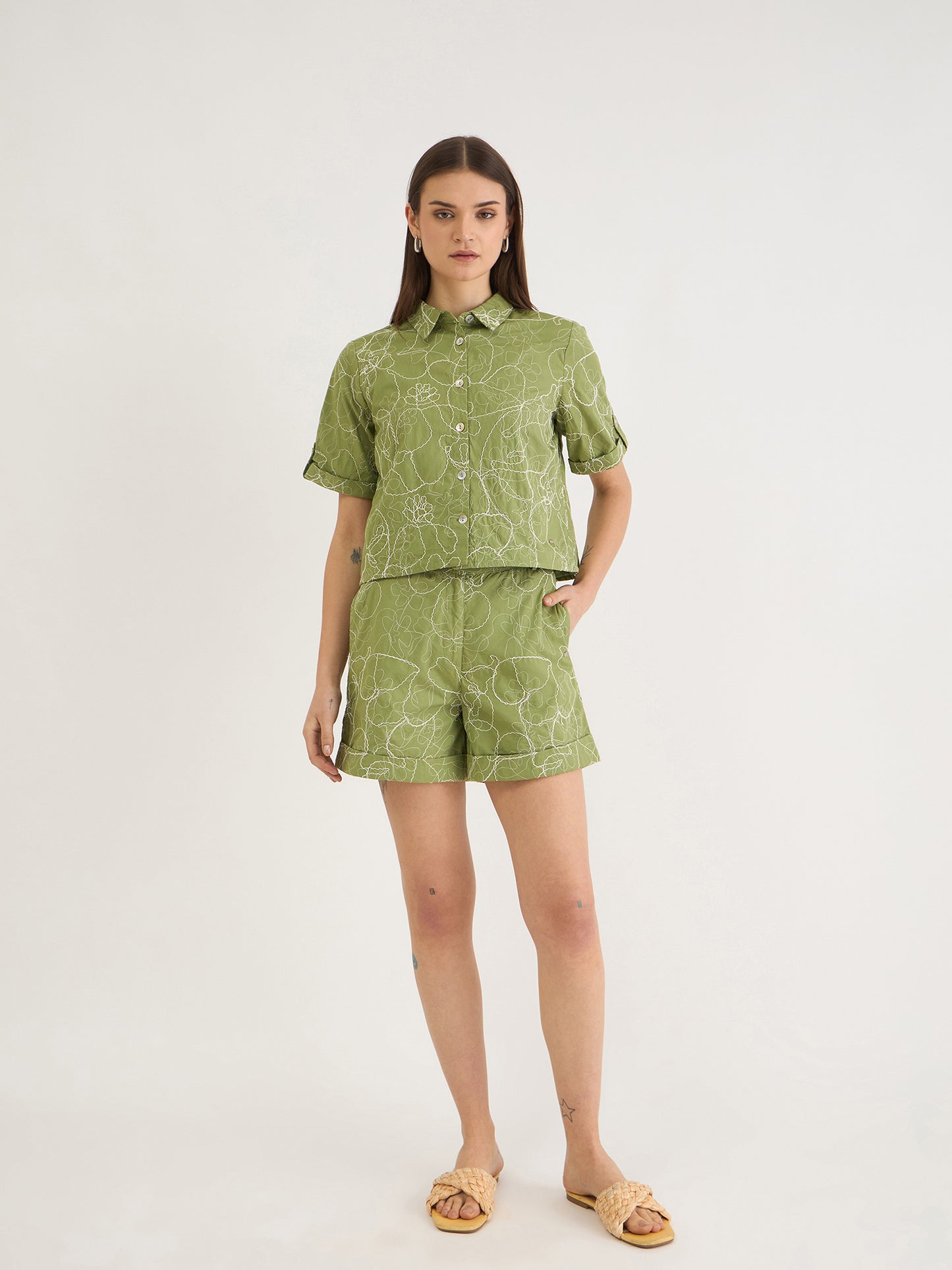 Elle Women Green Relaxed Fit Embroidered Shorts