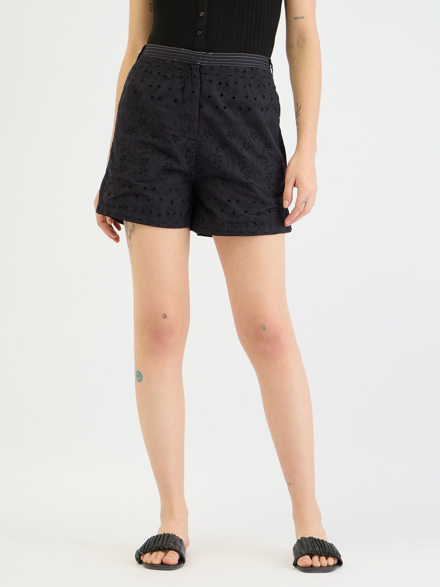 Elle Women Black Relaxed Fit Schiffli Shorts