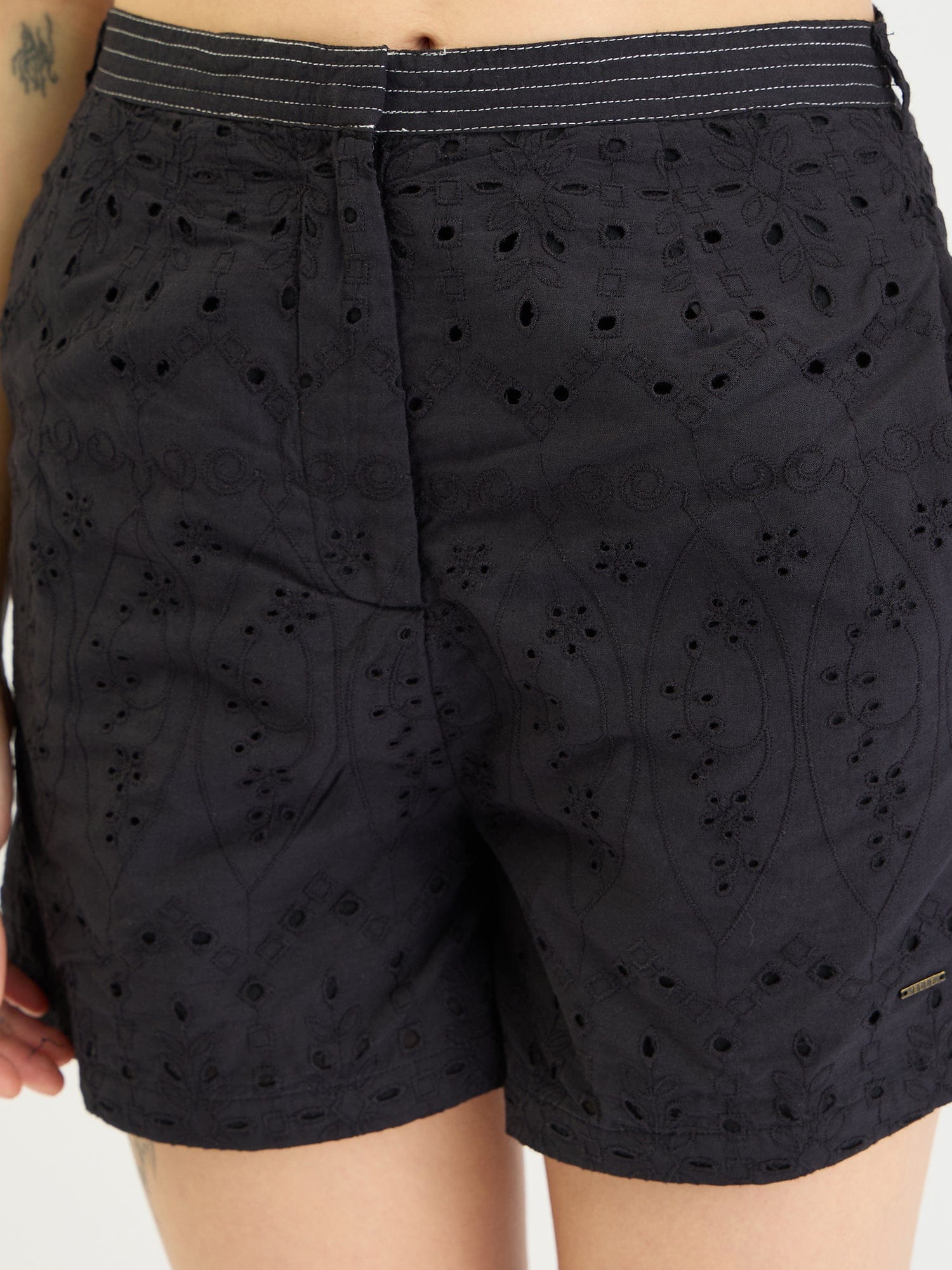 Elle Women Black Relaxed Fit Schiffli Shorts