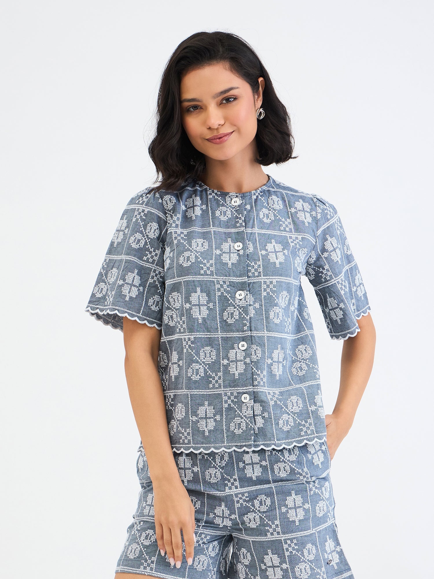 Elle Women Blue Embroidered Round Neck Top