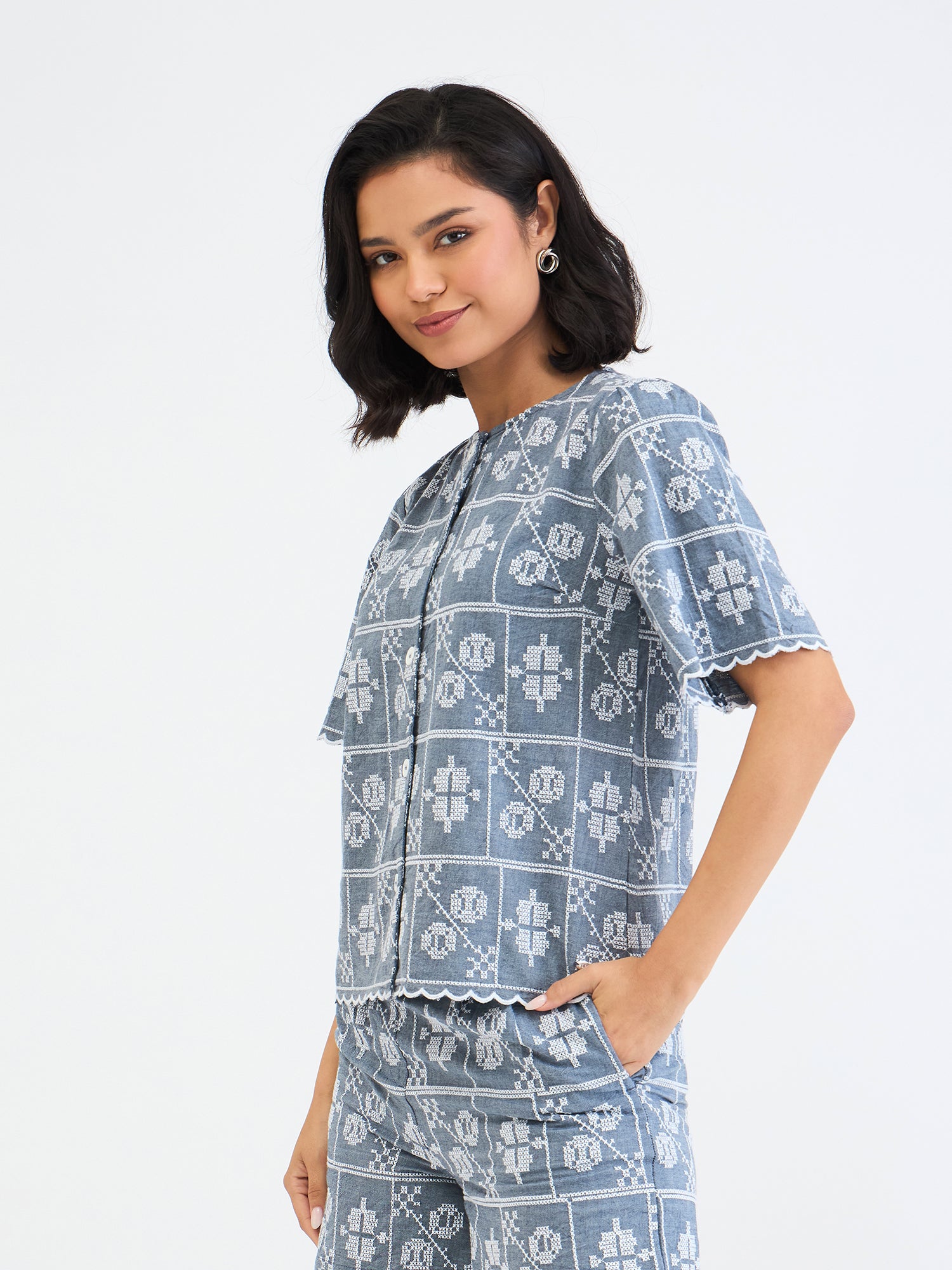 Elle Women Blue Embroidered Round Neck Top