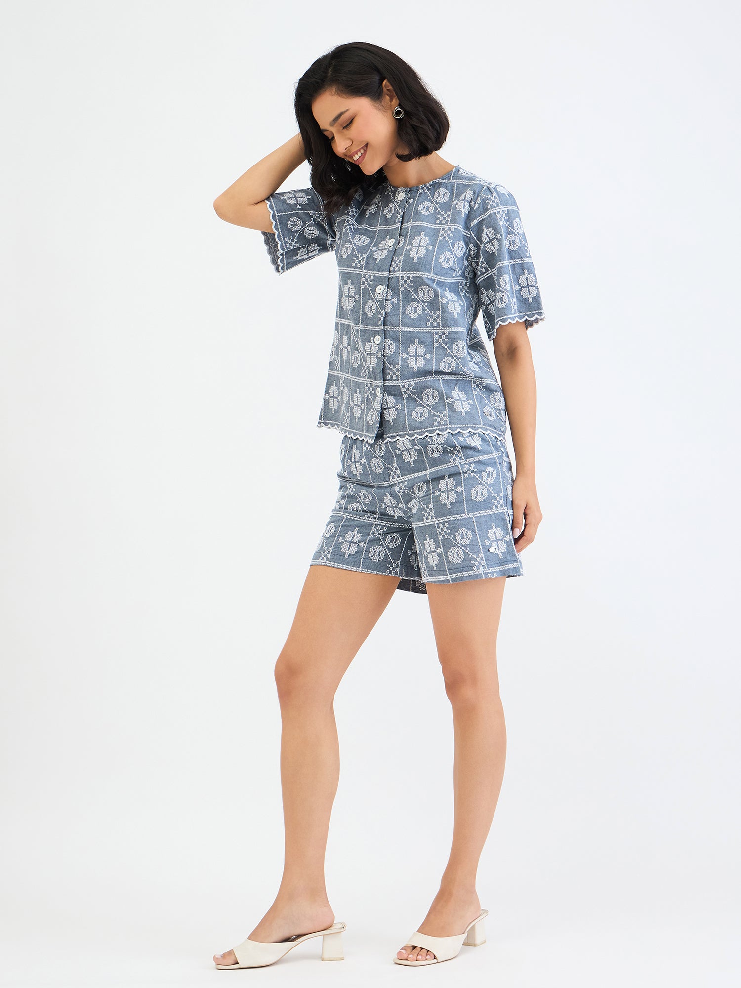 Elle Women Blue Embroidered Round Neck Top