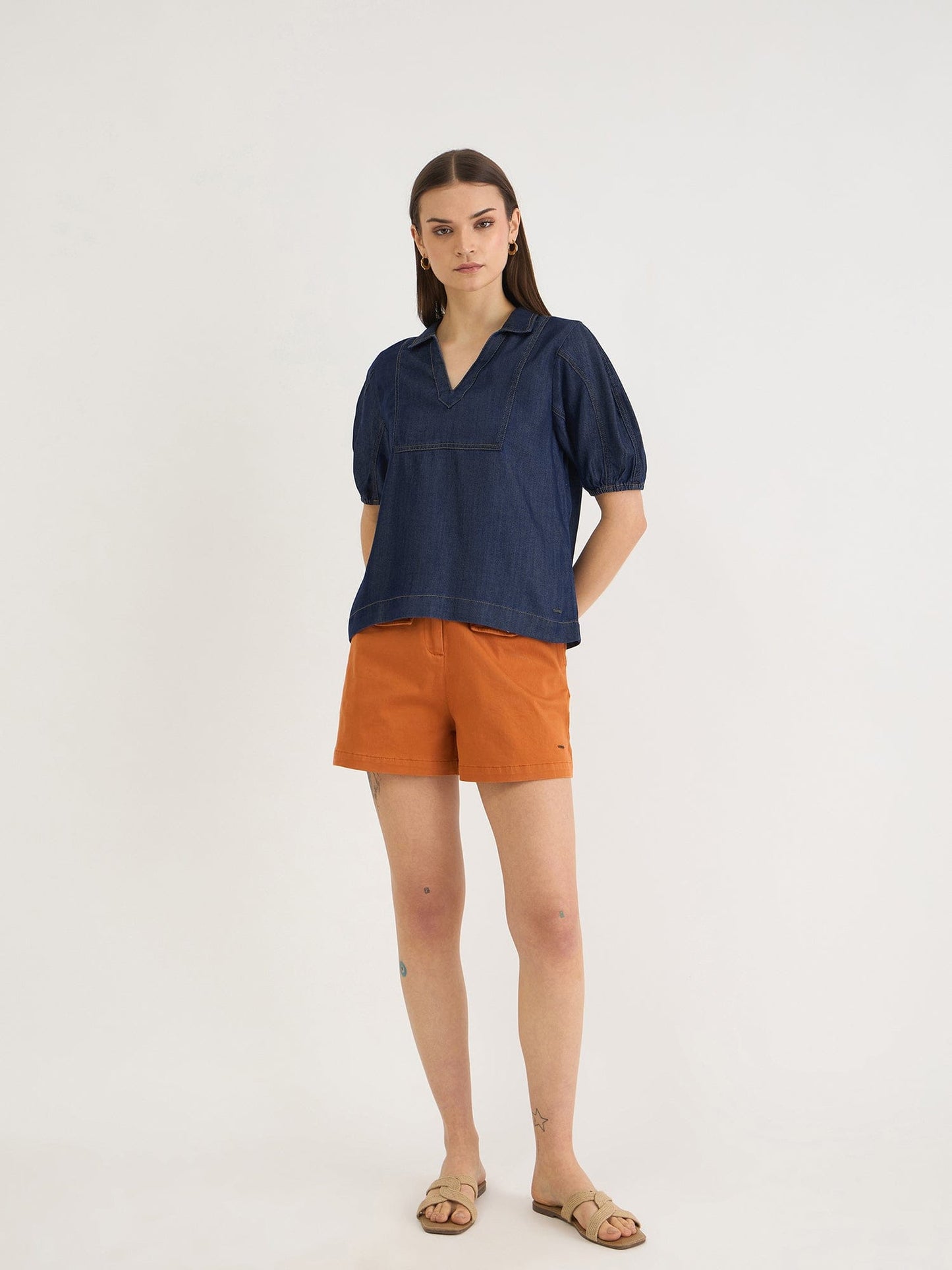 Elle Women Blue Denim V Neck Top