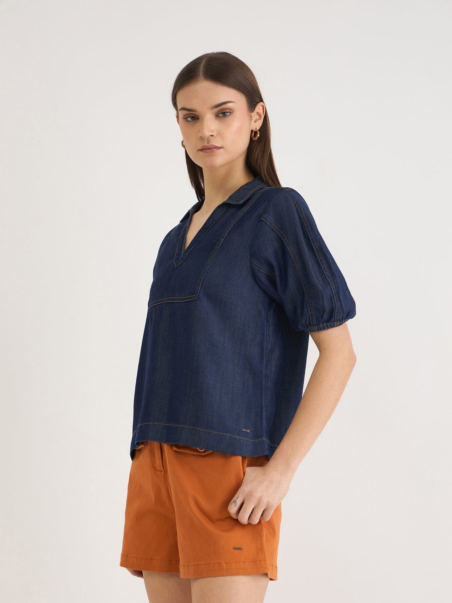 Elle Women Blue Denim V Neck Top