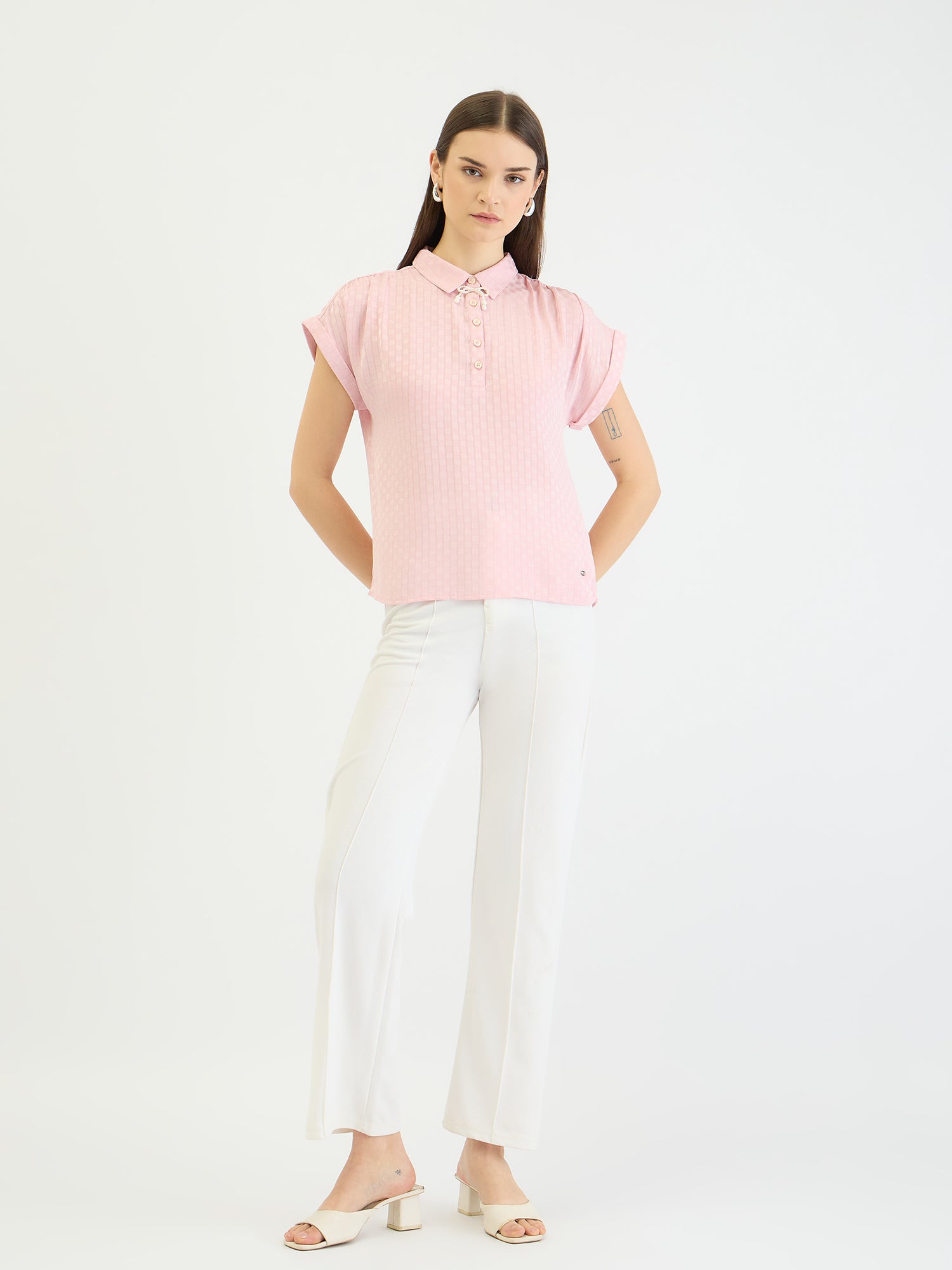 Elle Women Pink Check Collar Top