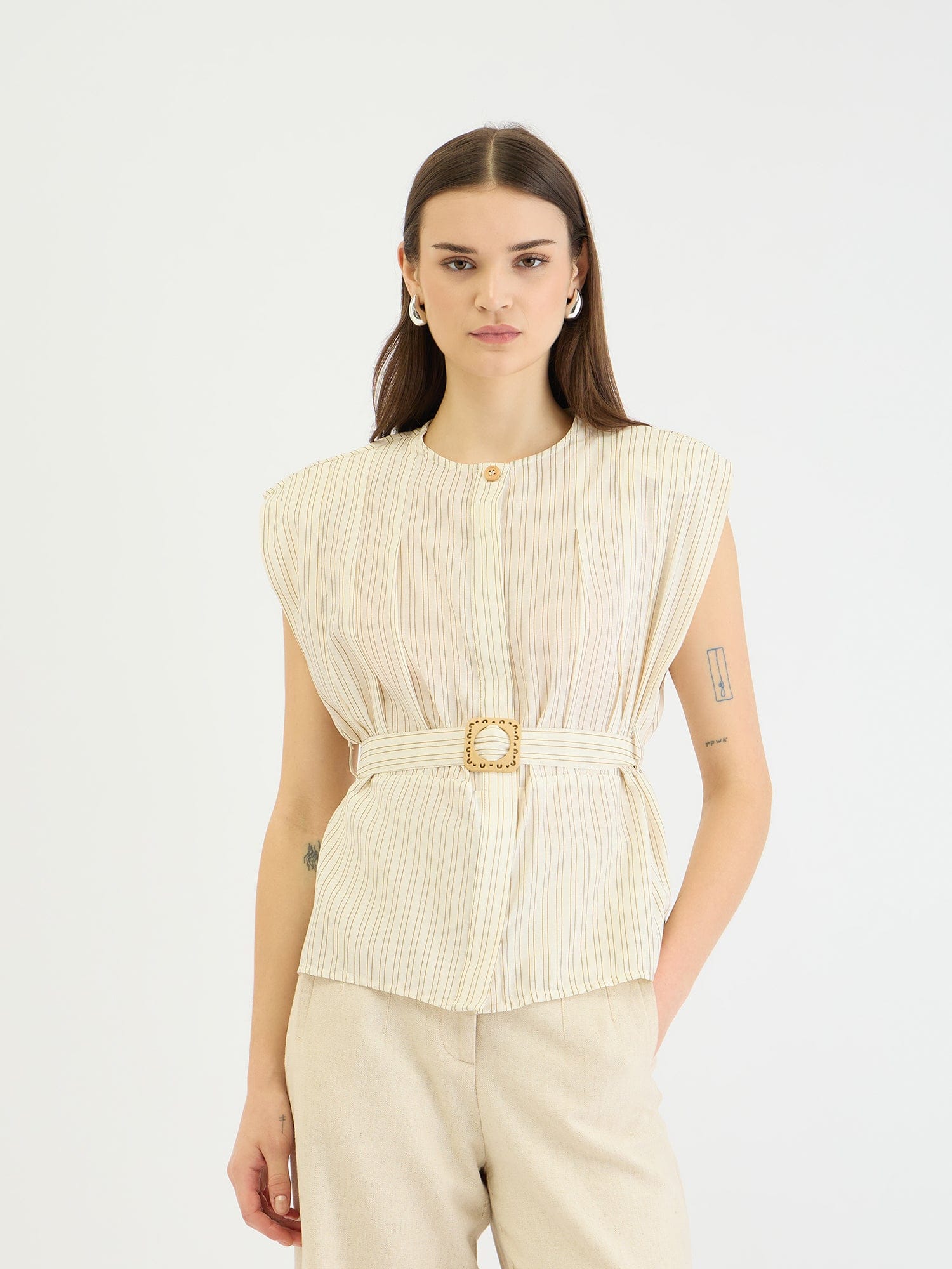 Elle Women Beige Striped Round Neck Top