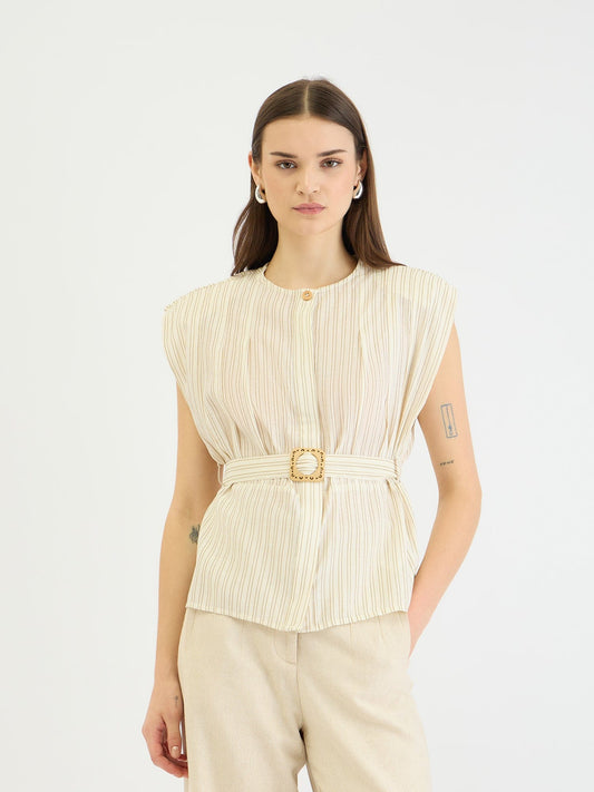 Elle Women Beige Striped Round Neck Top