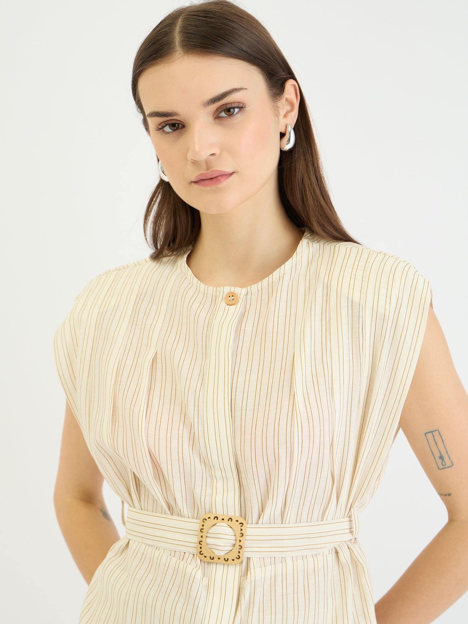 Elle Women Beige Striped Round Neck Top