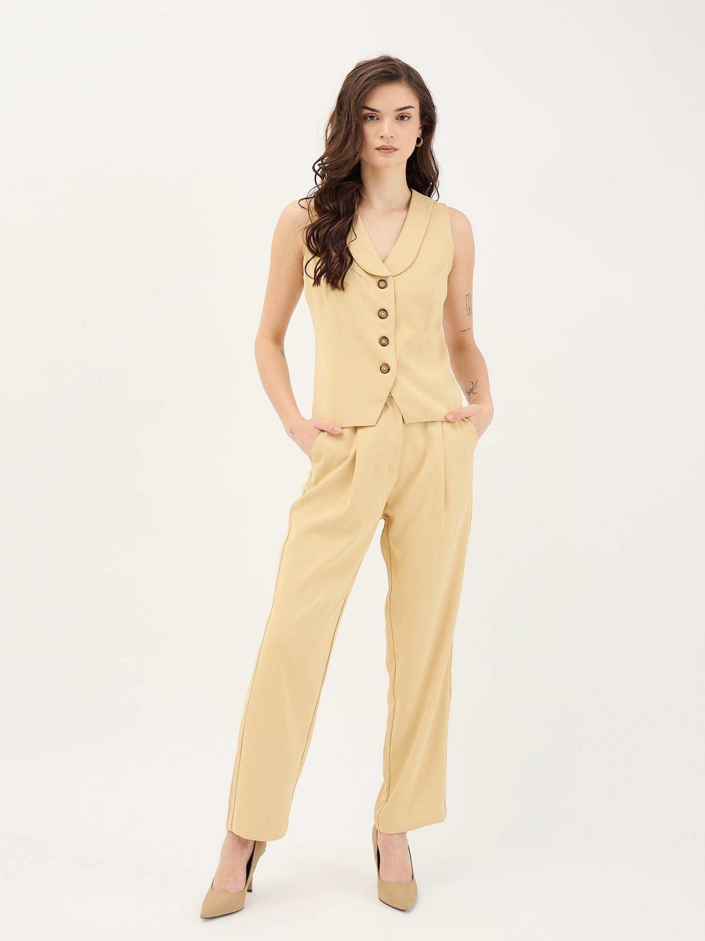 Elle Women Yellow Solid V Neck Top