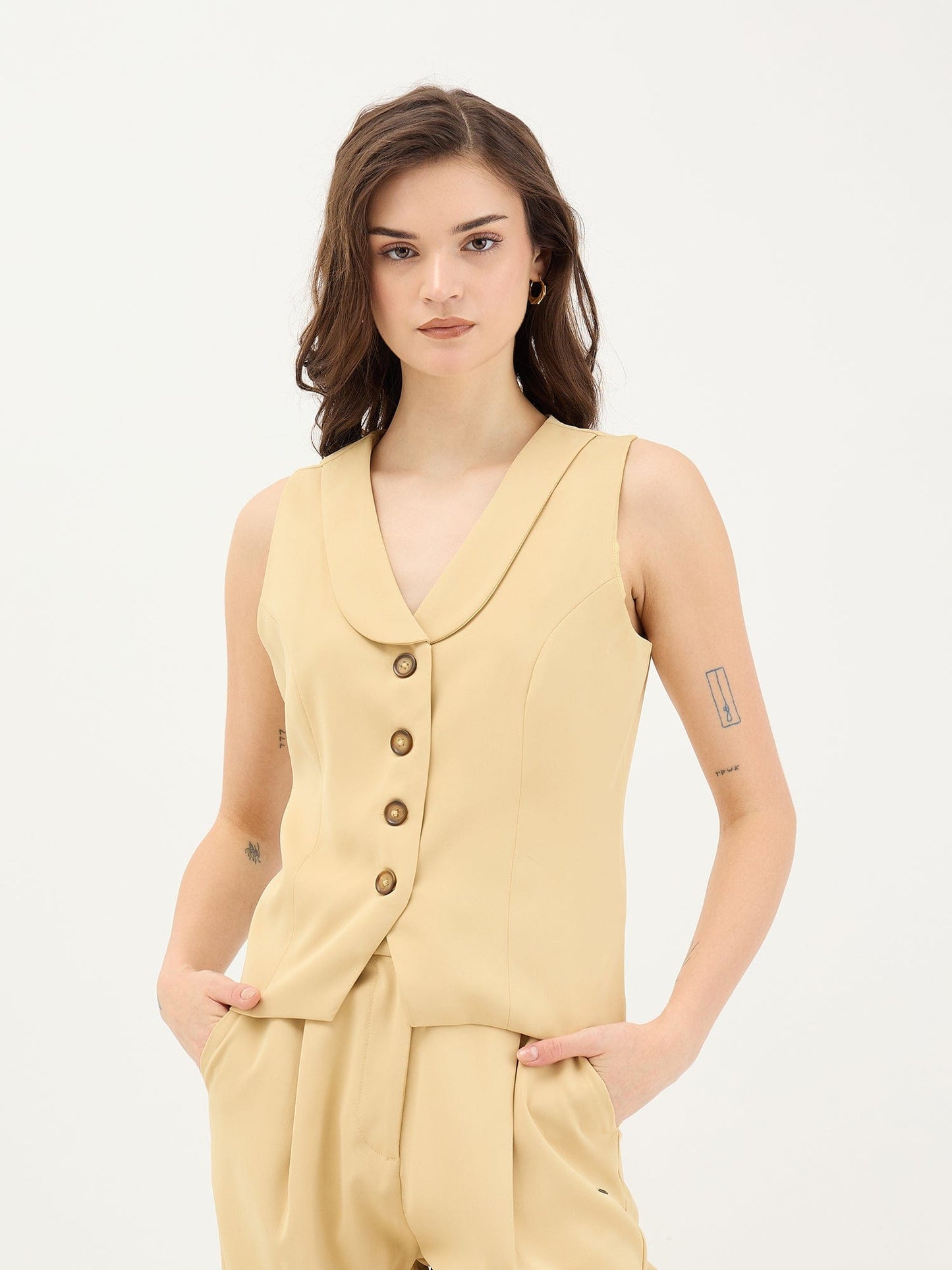 Elle Women Yellow Solid V Neck Top