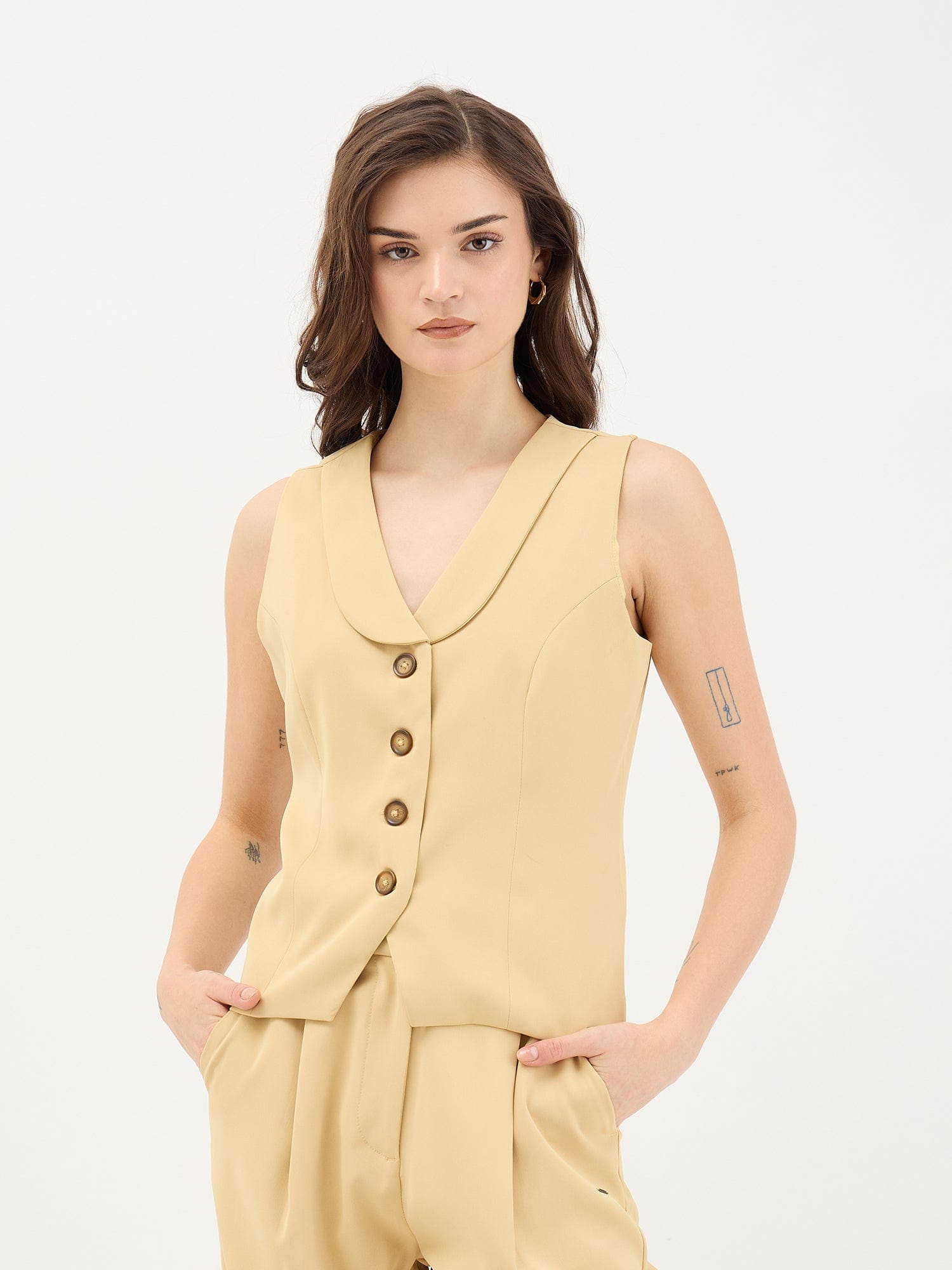 Elle Women Yellow Solid V Neck Top