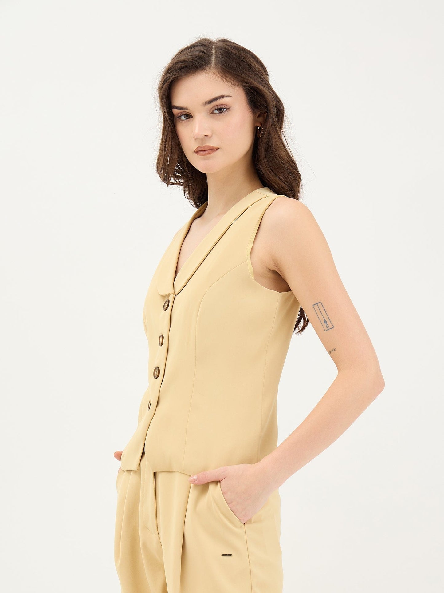 Elle Women Yellow Solid V Neck Top