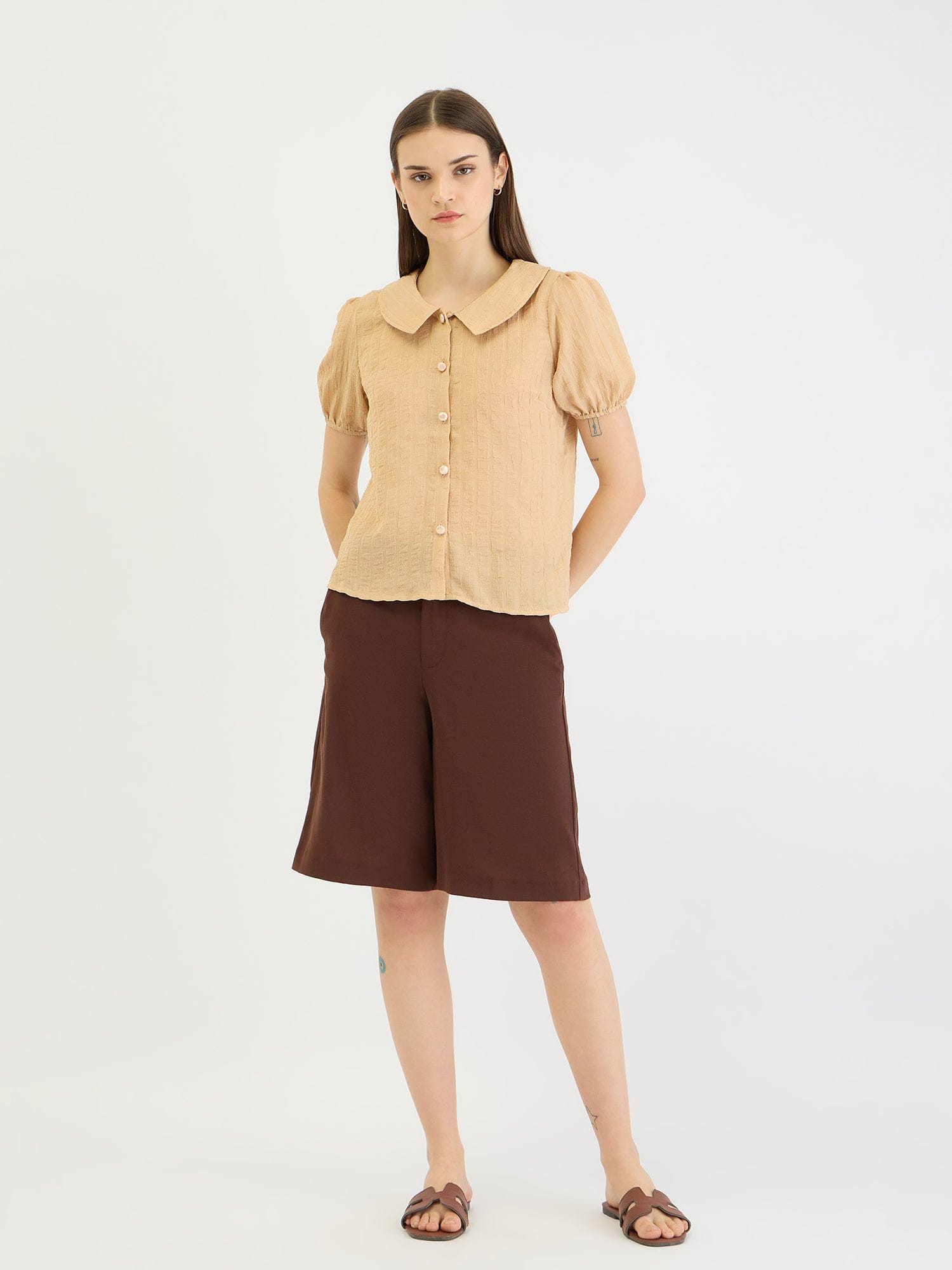 Elle Women Beige Textured Collar Top