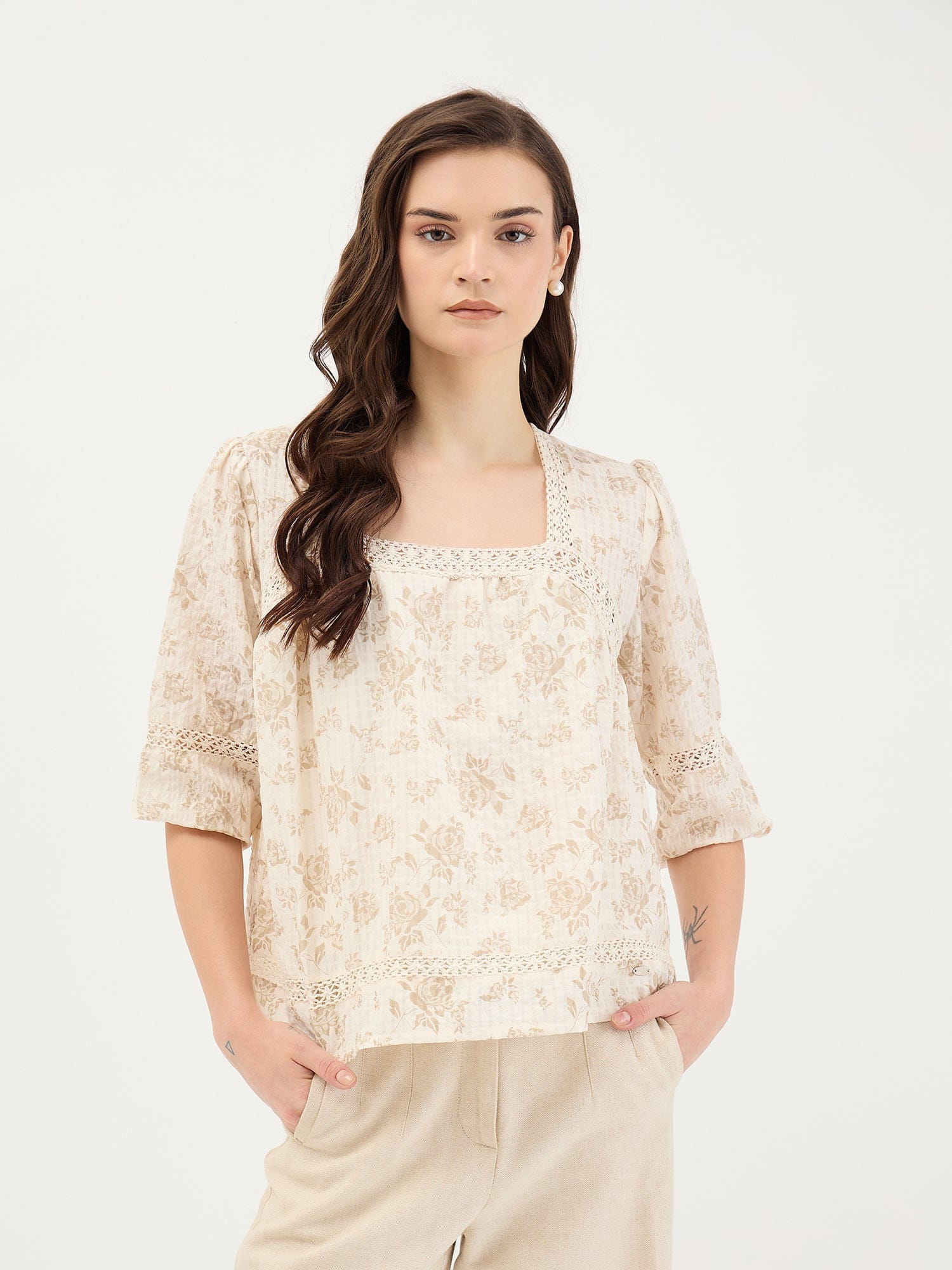 Elle Women White Printed Square Neck Top