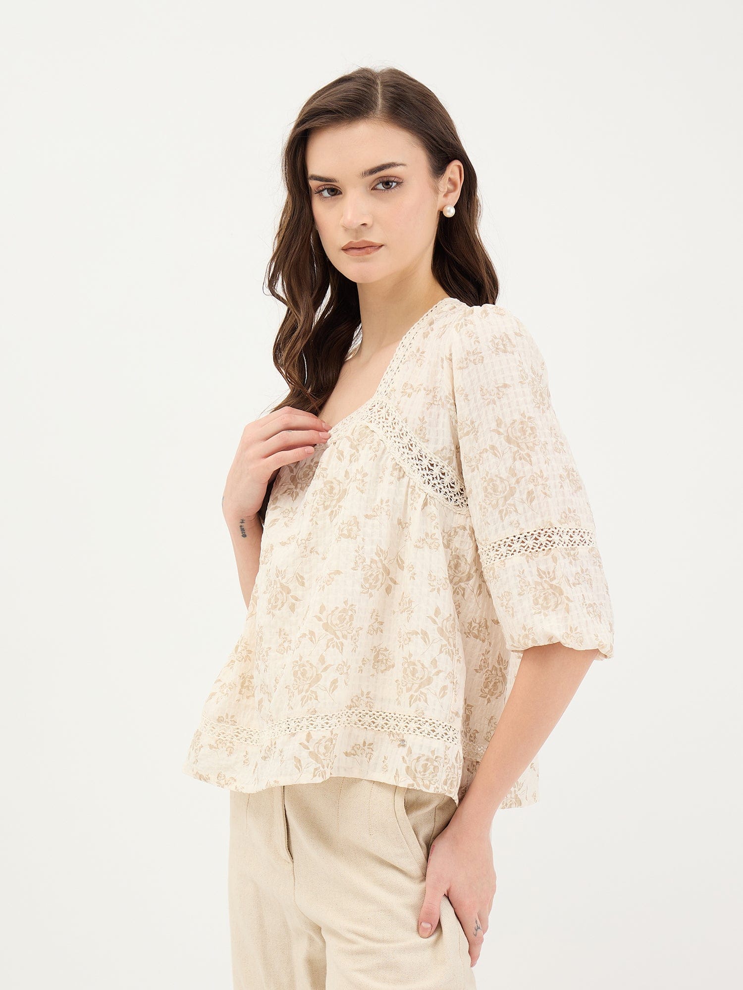 Elle Women White Printed Square Neck Top