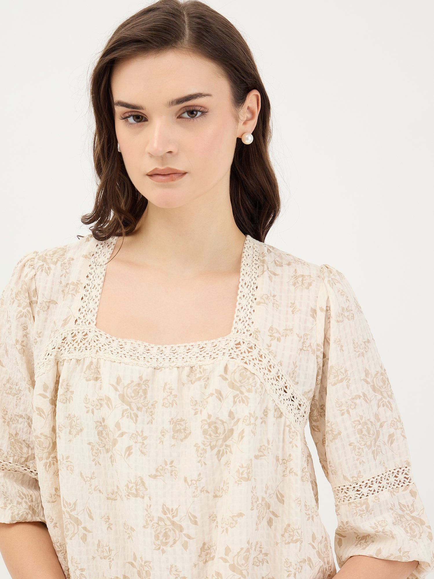 Elle Women White Printed Square Neck Top