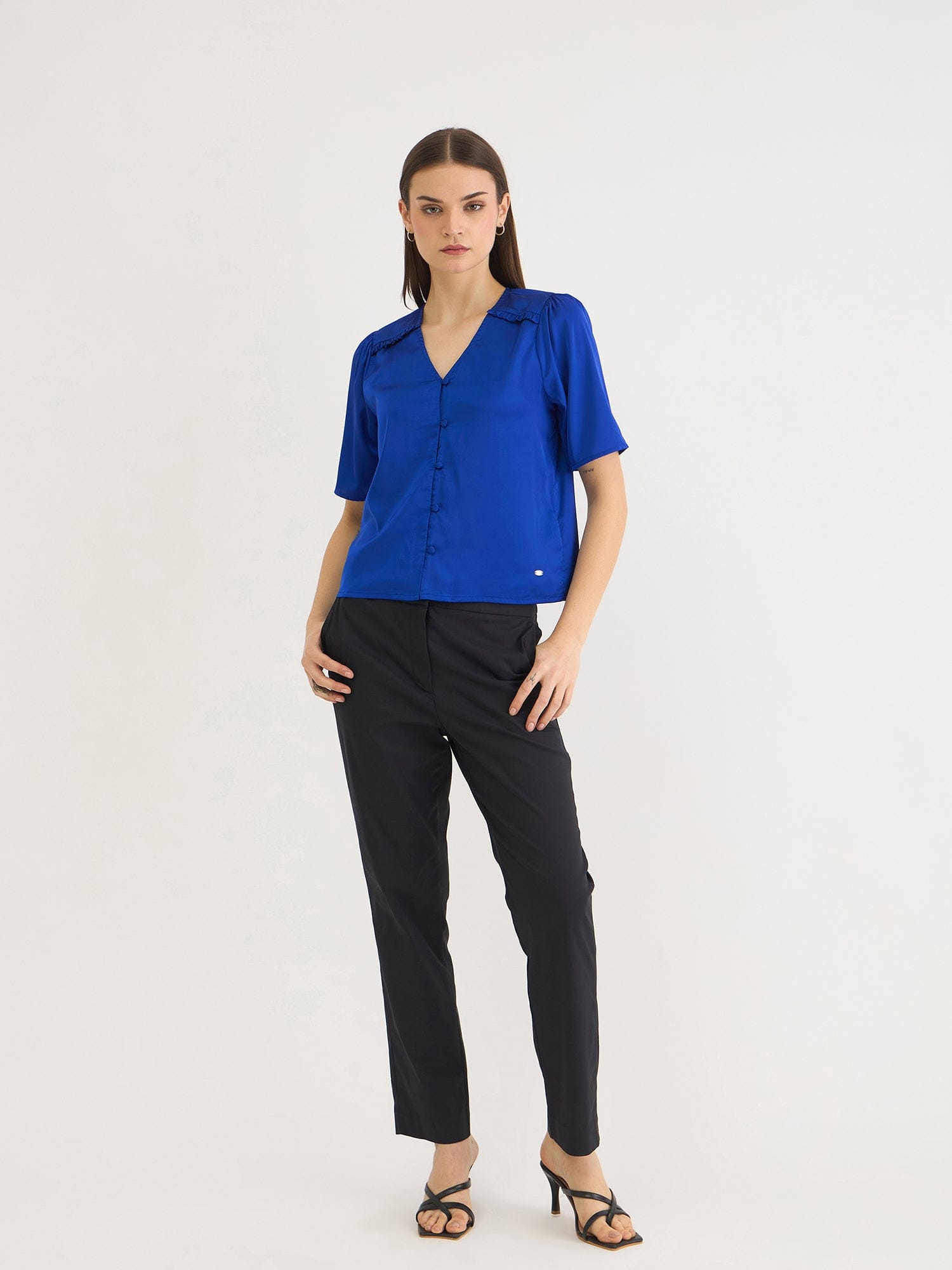 Elle Women Blue Solid V Neck Top