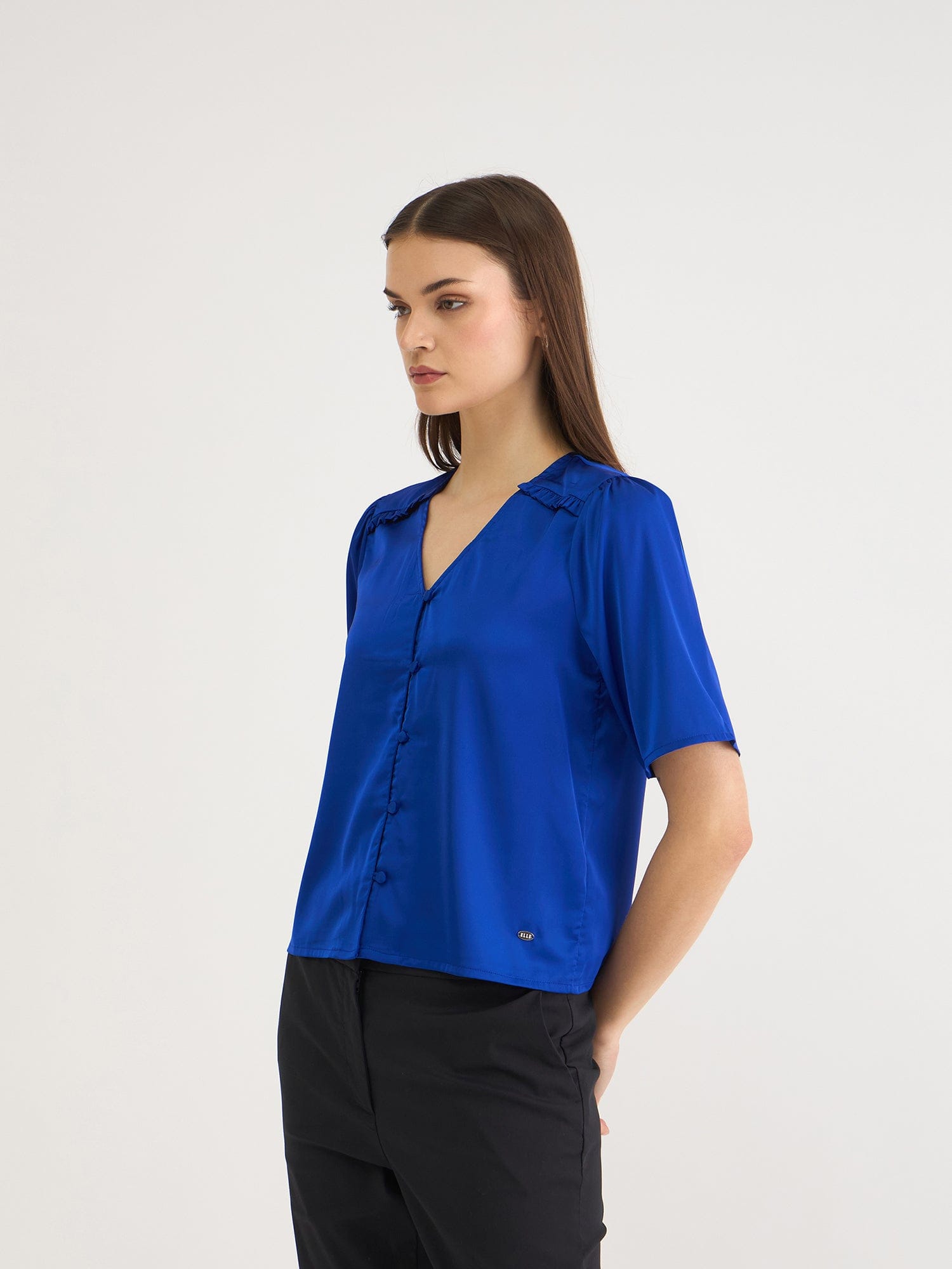Elle Women Blue Solid V Neck Top