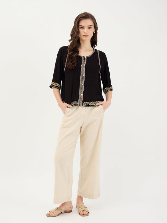 Elle Women Black Solid Round Neck Top