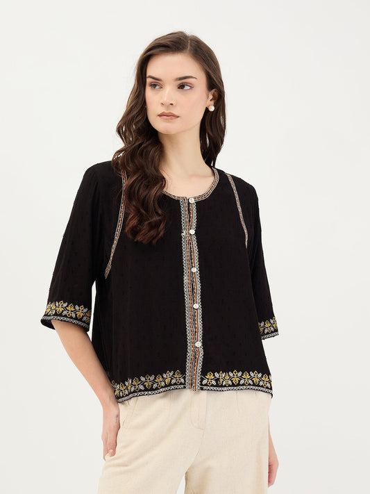 Elle Women Black Solid Round Neck Top