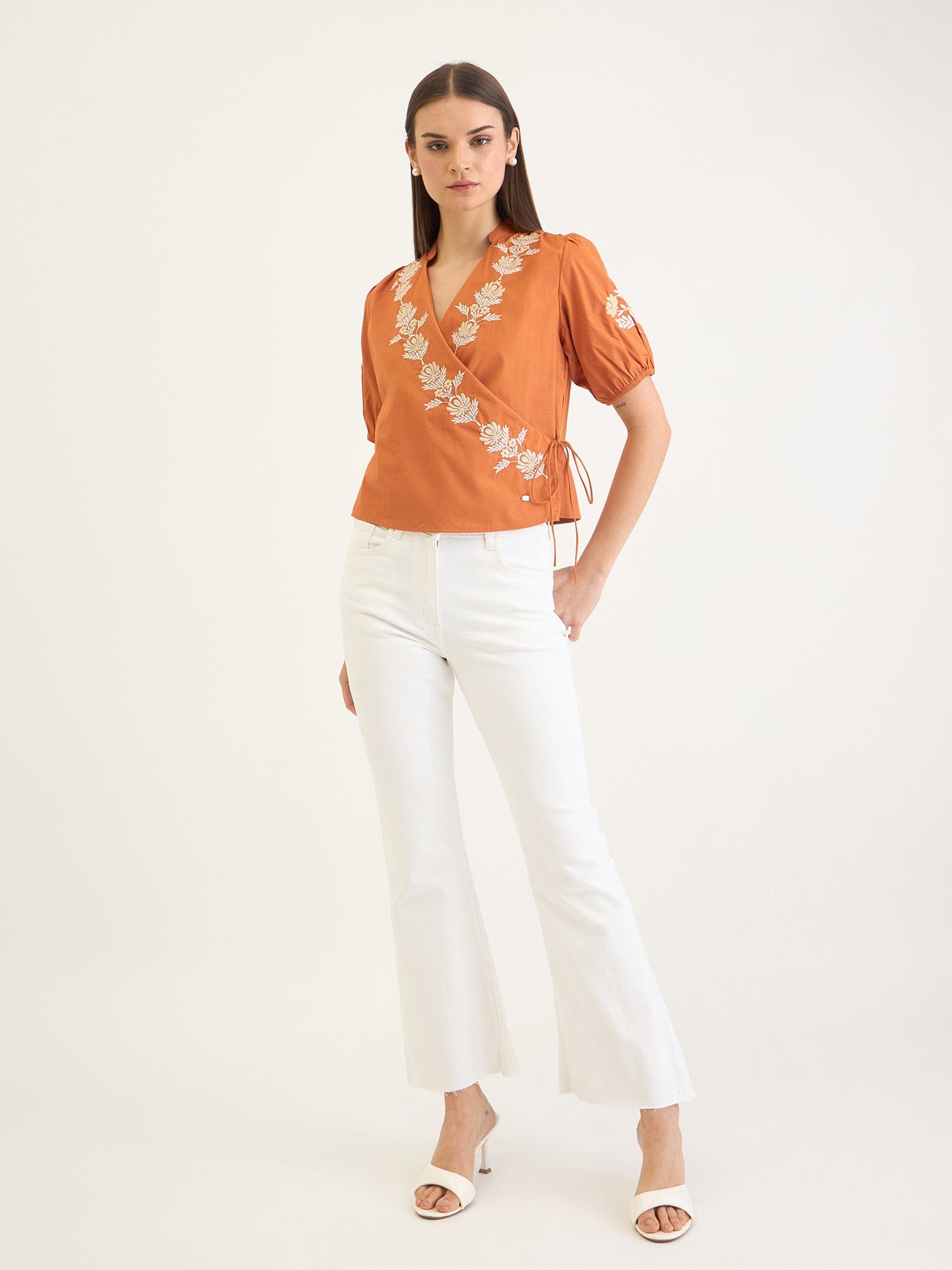 Elle Women Brown Embroidered V Neck Top