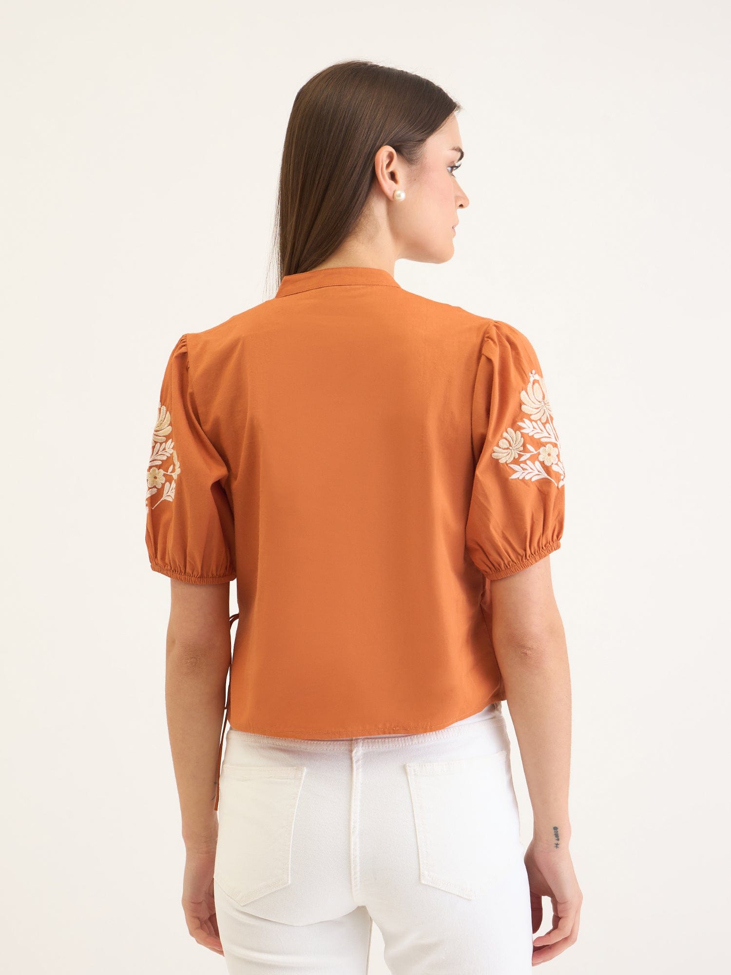 Elle Women Brown Embroidered V Neck Top