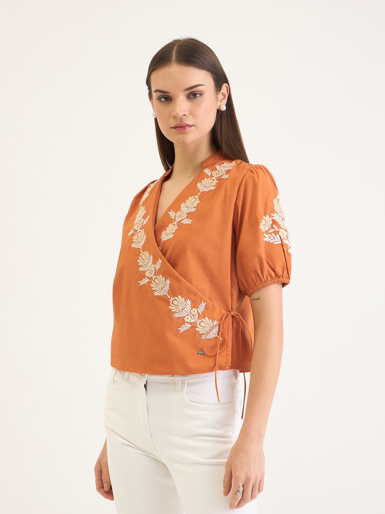 Elle Women Brown Embroidered V Neck Top