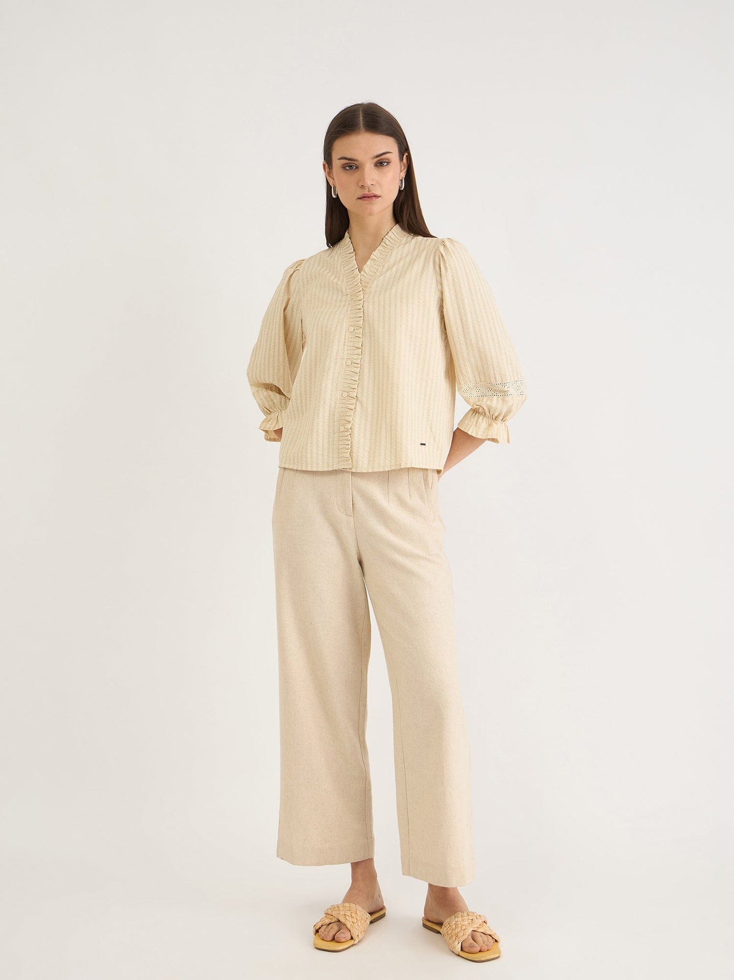 Elle Women Beige Striped V Neck Shirt