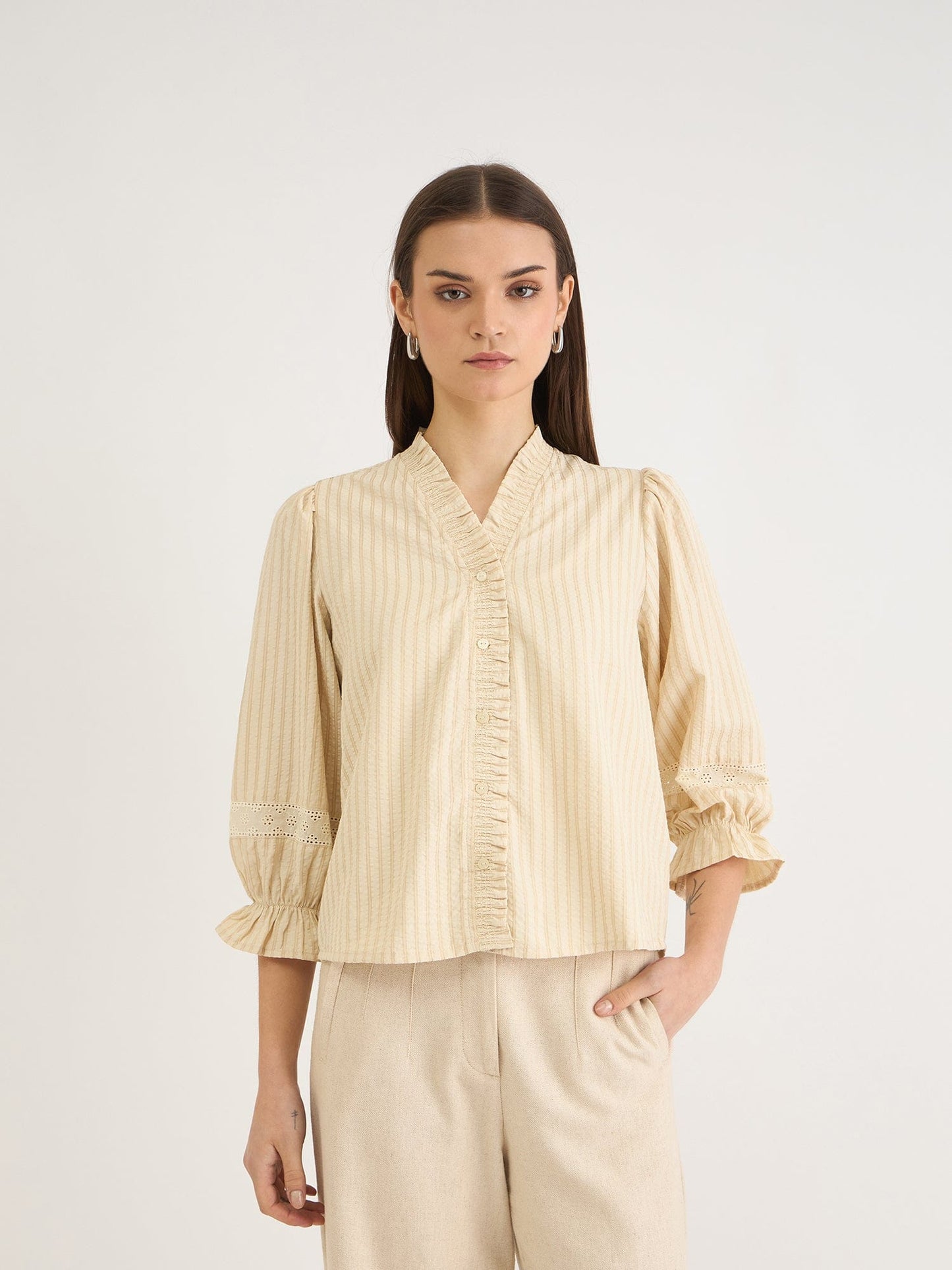 Elle Women Beige Striped V Neck Shirt