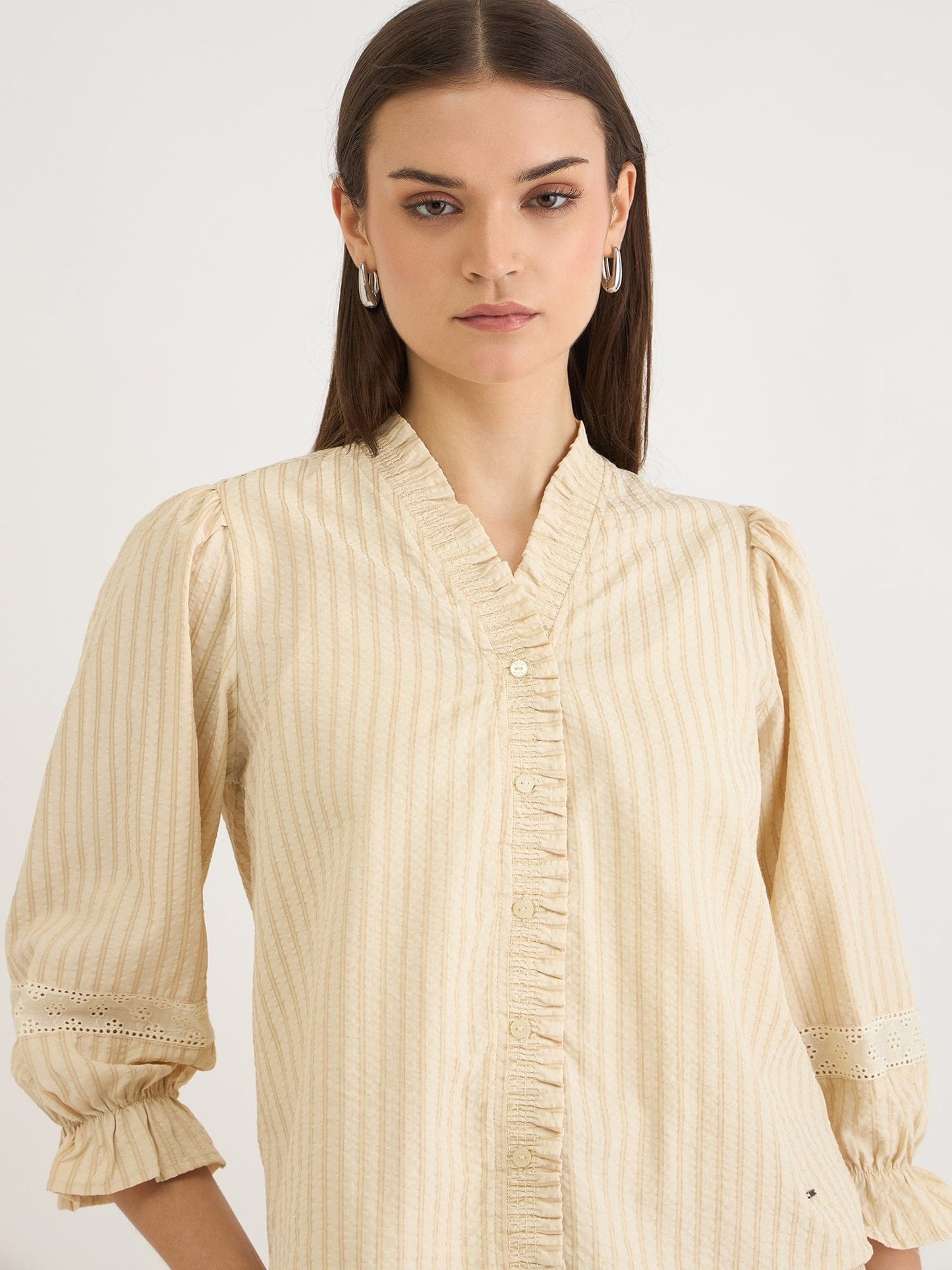 Elle Women Beige Striped V Neck Shirt